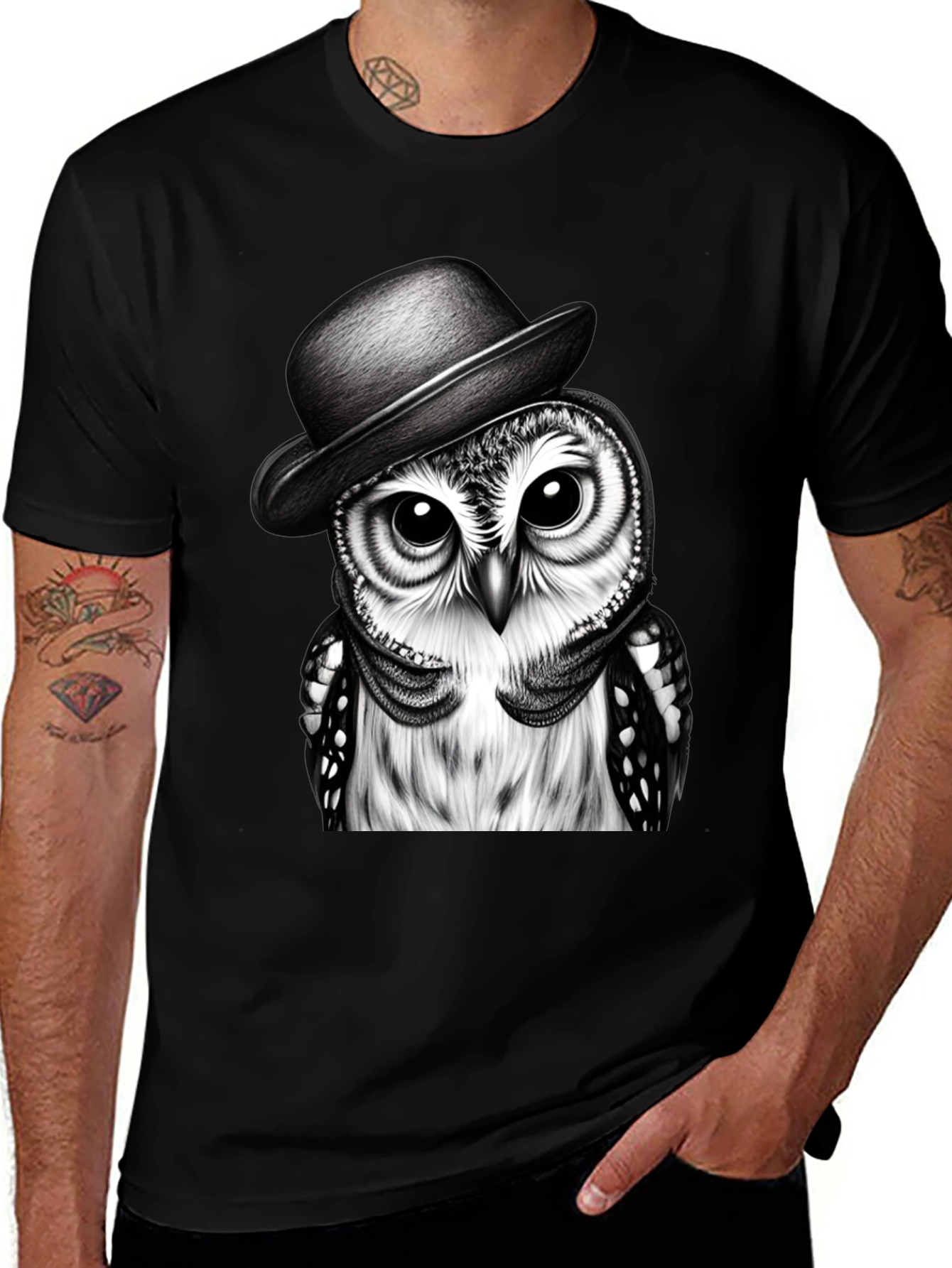Variant 24 of Dapper Owl T-Shirt - Black Cotton Tee