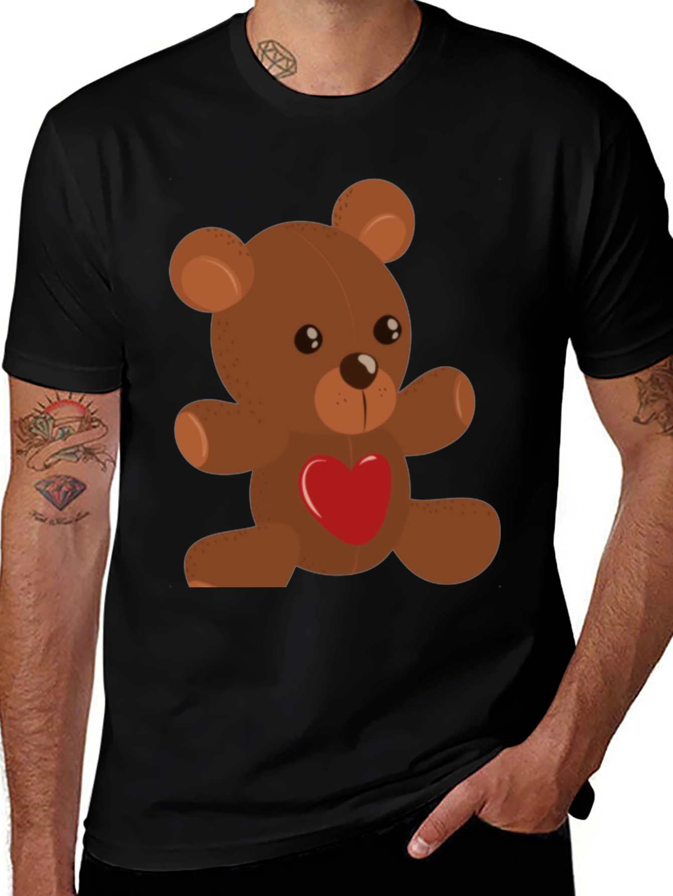 Variant 9 of Teddy Bear Heart Graphic Tee - Casual Black T-Shirt