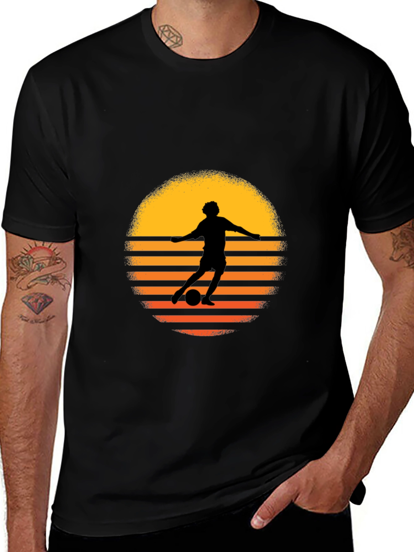 Variant 25 of Retro Soccer Player Sunset Graphic Tee - Black Cotton Blend