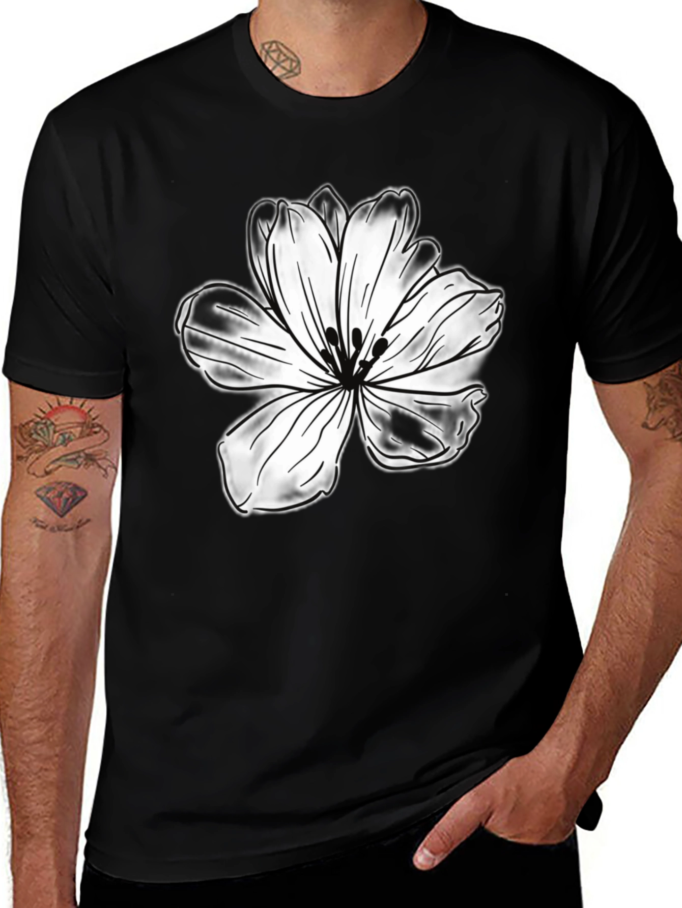 Black T-Shirt with White Flower Graphic