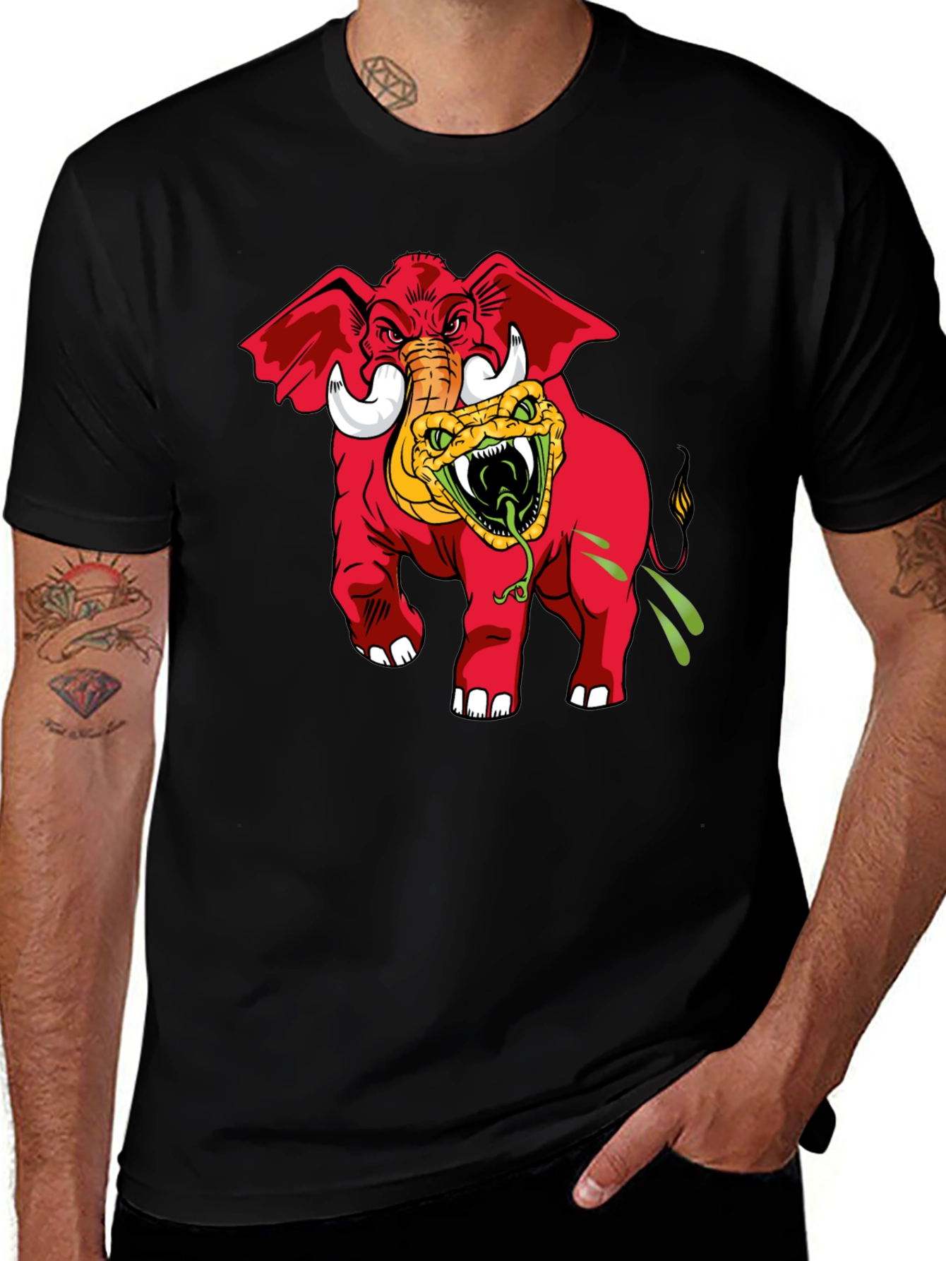 Variant 25 of Red Elephant & Snake Graphic Print Black T-Shirt