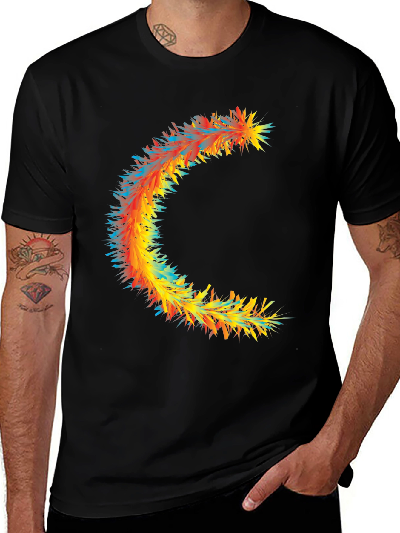 Variant 16 of Abstract Crescent Graphic Tee - Stylish Black Cotton T-Shirt
