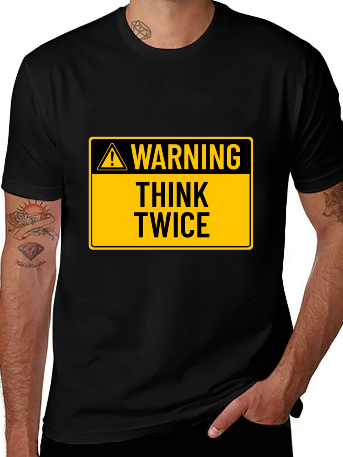 Variant 13 of Warning Think Twice Graphic Tee - Black Cotton T-Shirt