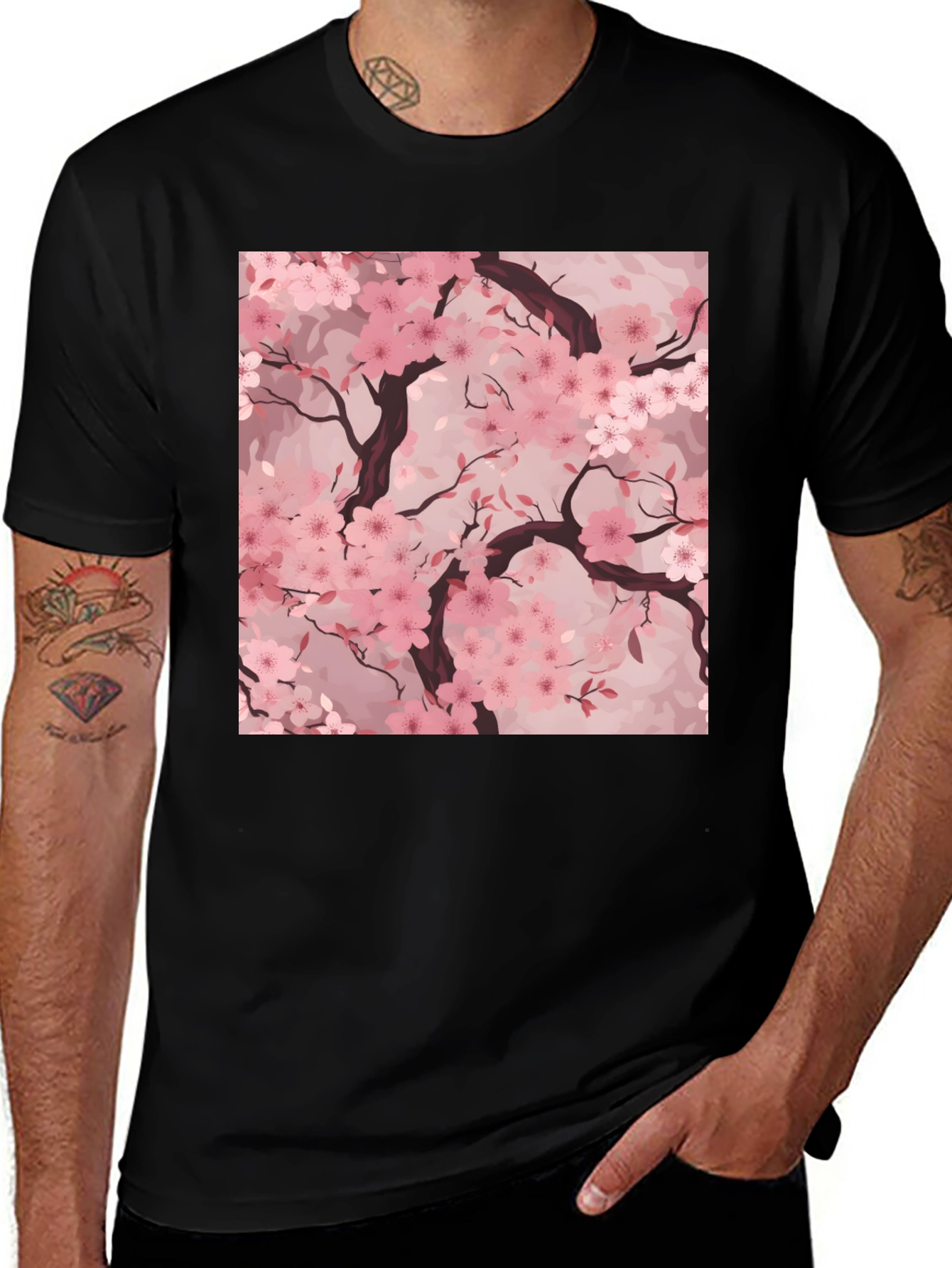 Variant 15 of Sakura Blossom Graphic Tee - Black Cotton T-Shirt
