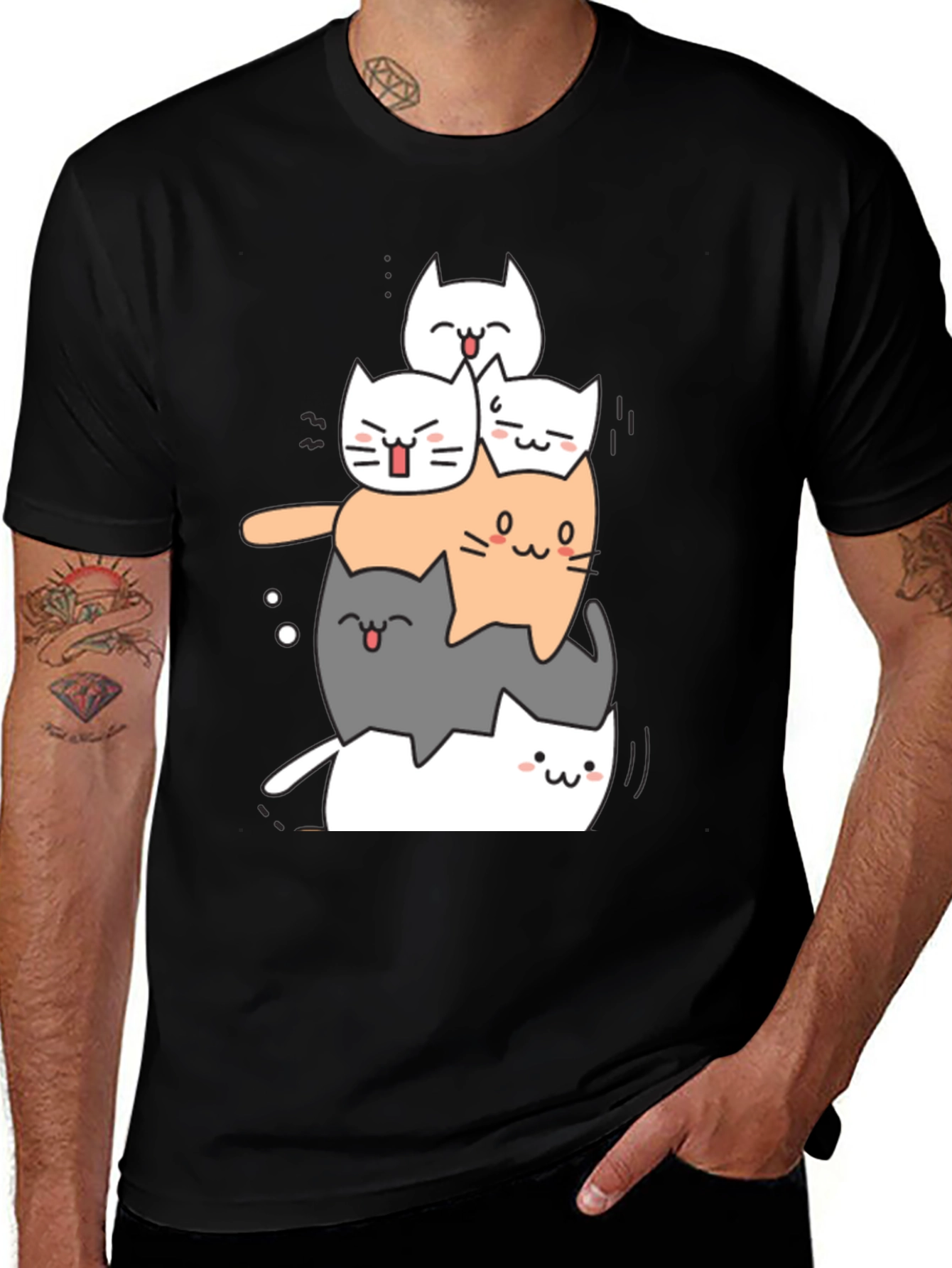 Variant 15 of Men's Black T-Shirt with Cute Cat Tower Design