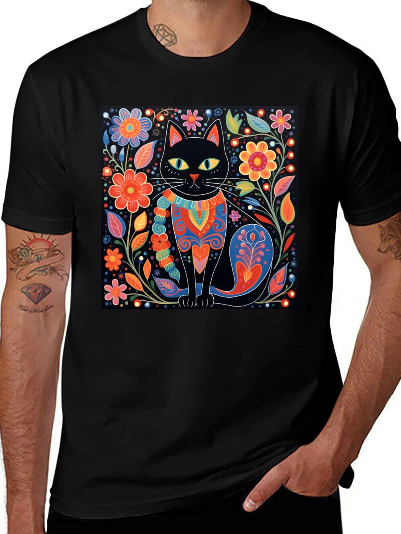 Variant 7 of Black Cat & Floral Graphic Tee