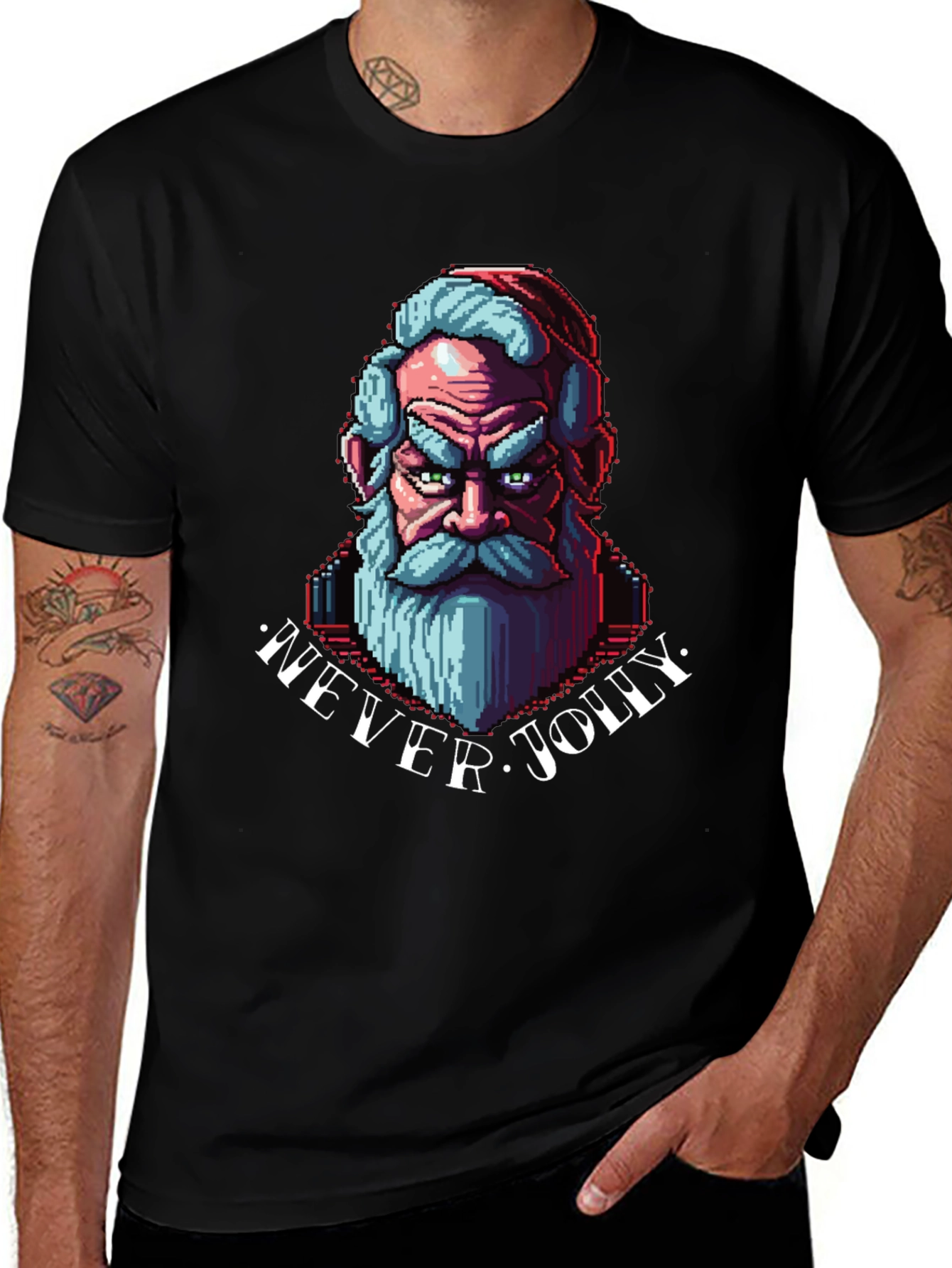 Variant 8 of Never Jolly Santa Graphic Tee - Pixel Art Holiday Shirt