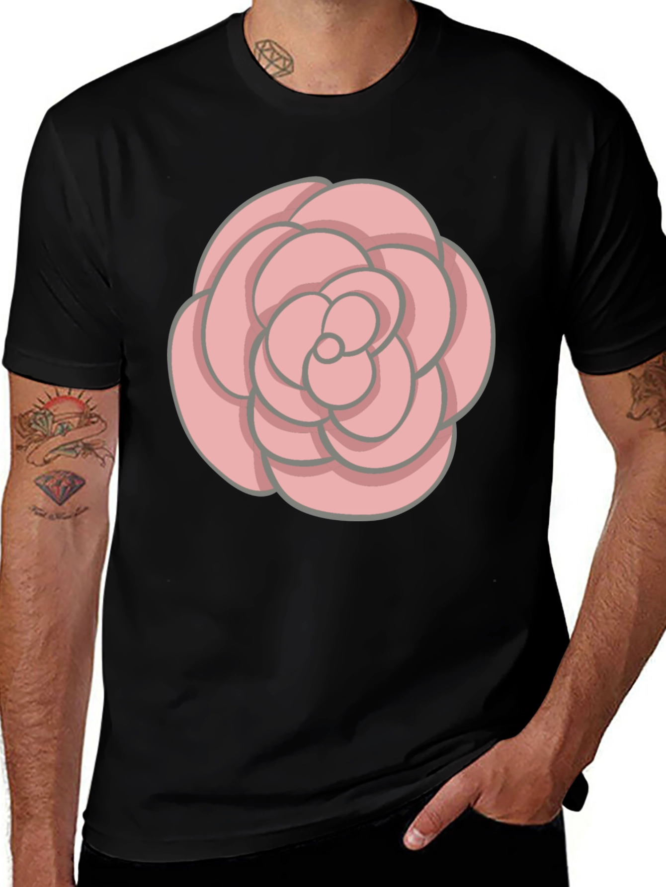 Variant 4 of Camellia Flower Graphic Black T-Shirt