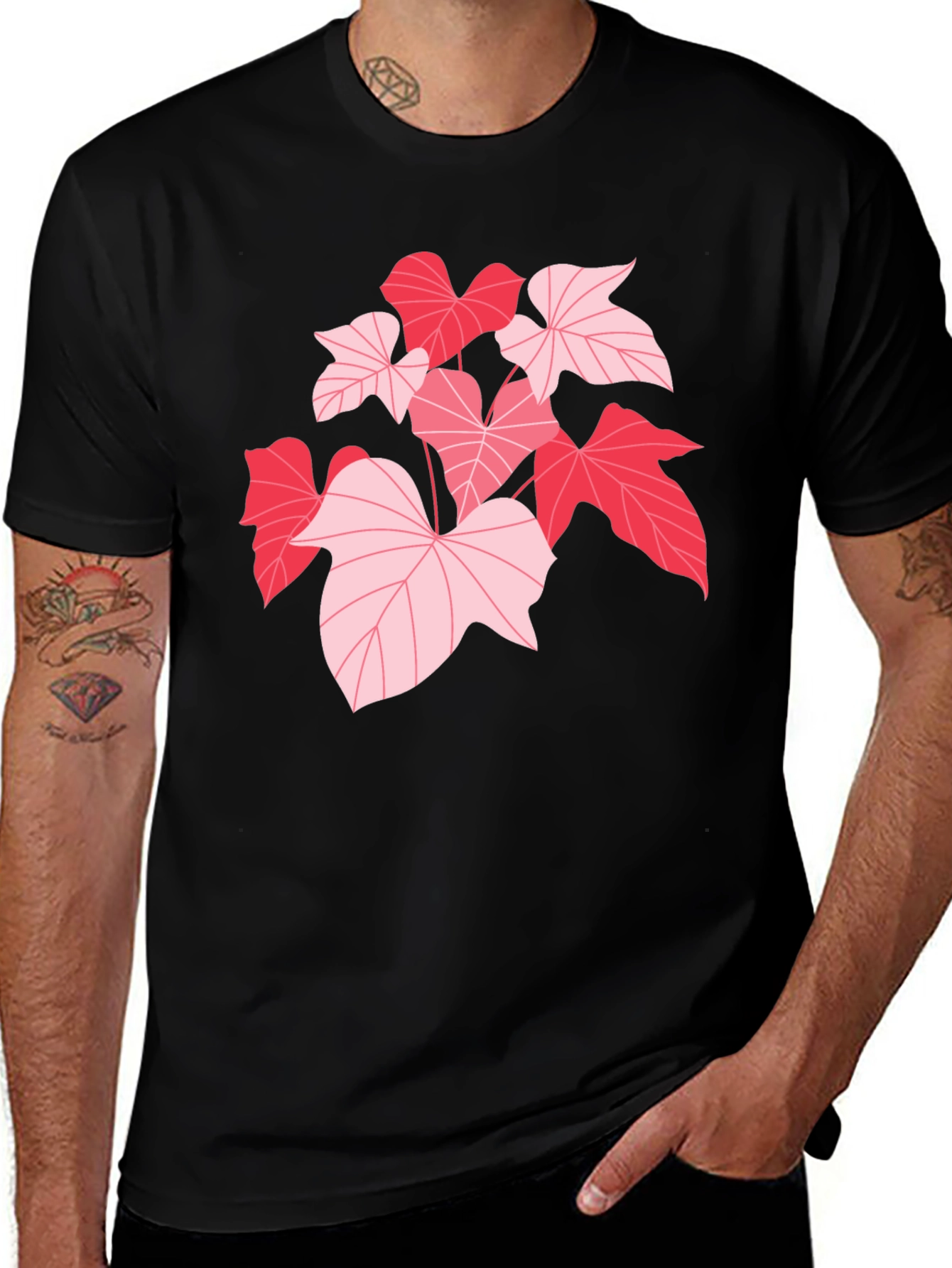 Variant 14 of Pink Leaf Graphic Black T-Shirt