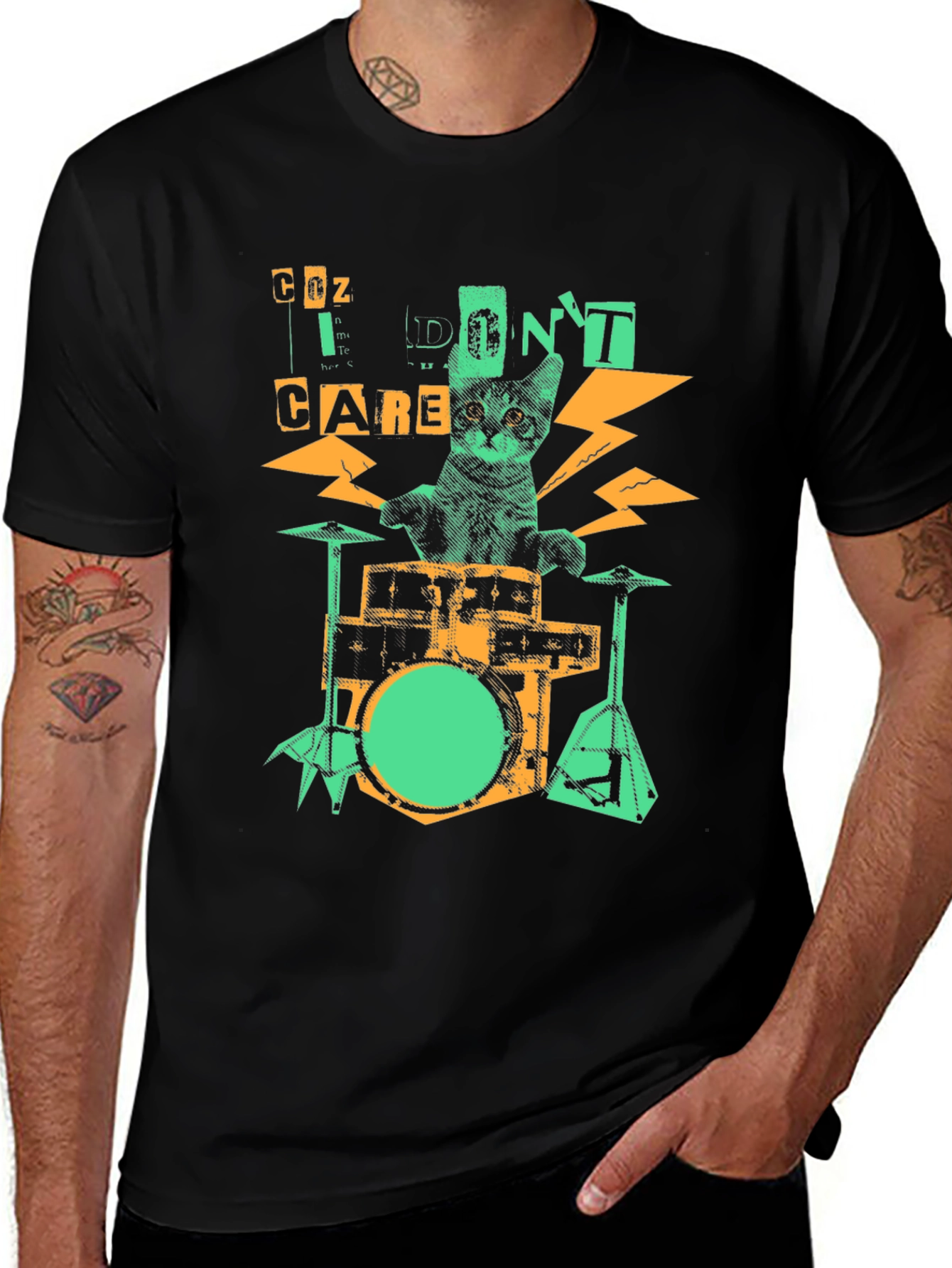 Variant 6 of Cat Drummer Graphic Tee - Coz I Don't Care