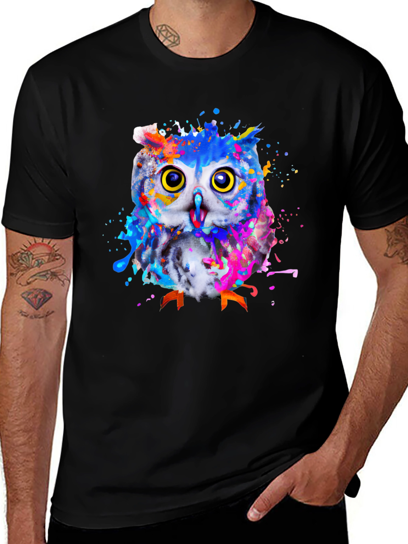 Variant 18 of Watercolor Owl Graphic Tee - Men's Black T-Shirt
