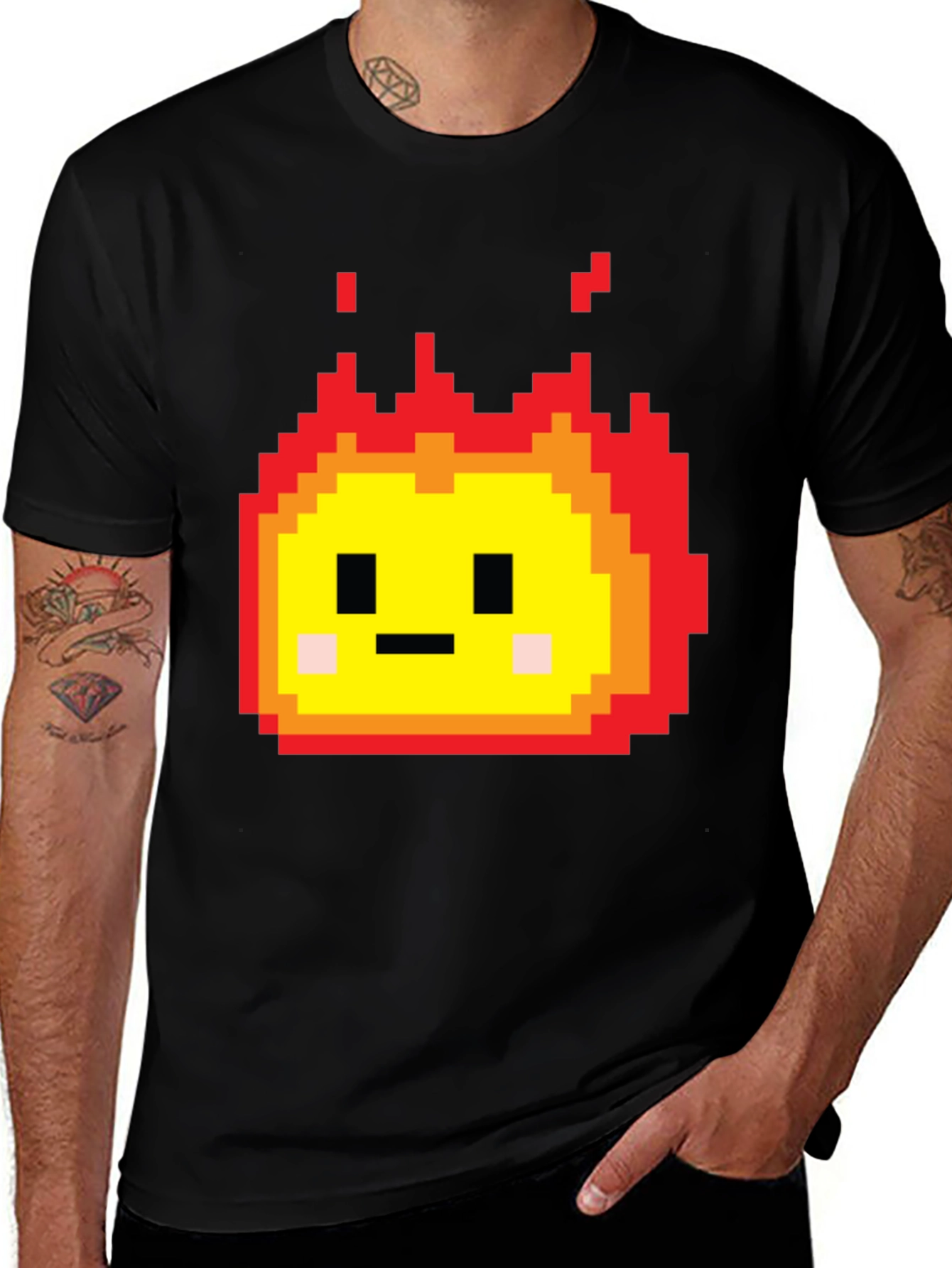 Pixel Fire Character Black T-Shirt