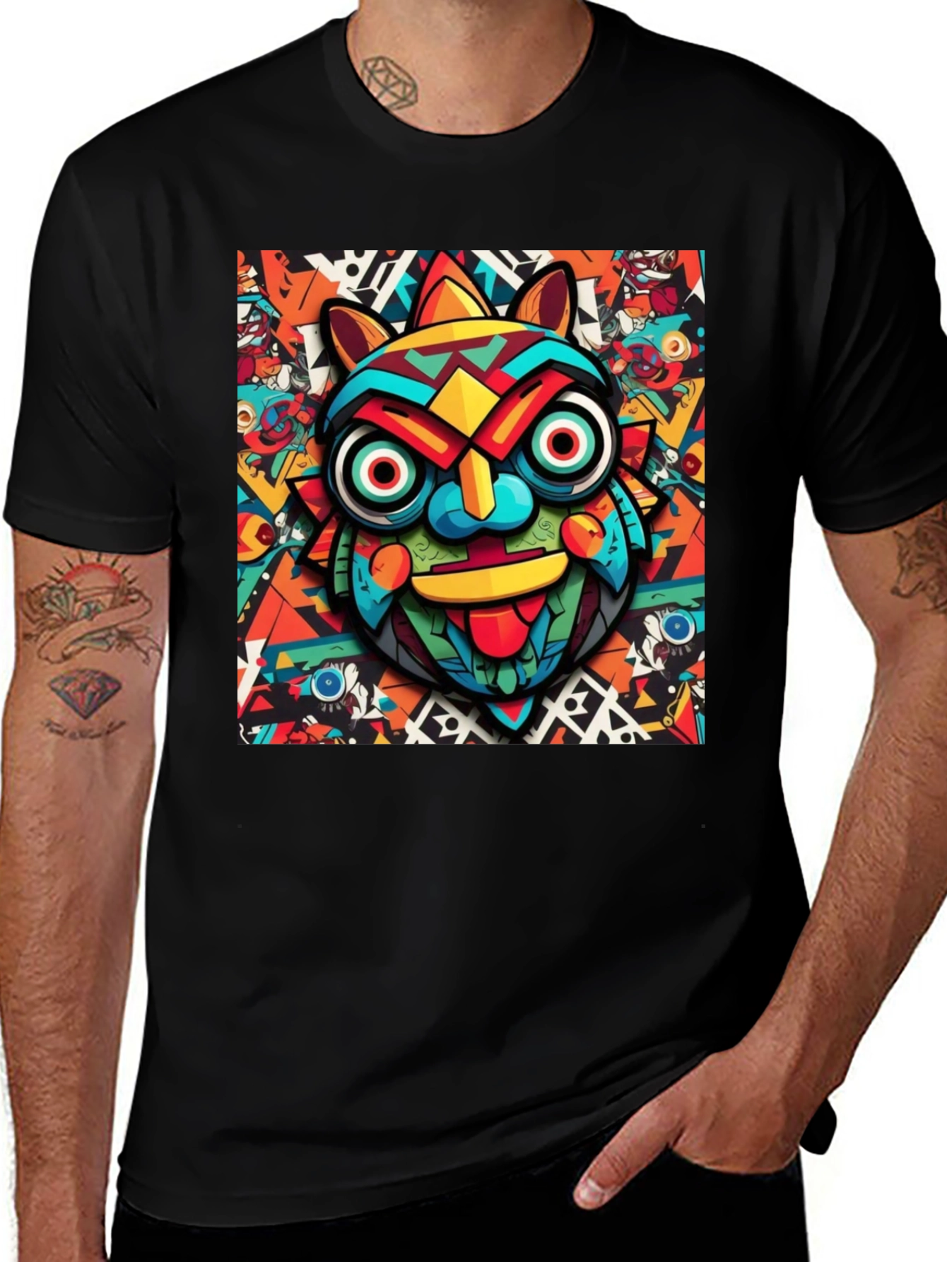 Black Bold Graphic Tee - Colorful Tribal Mask Design main image