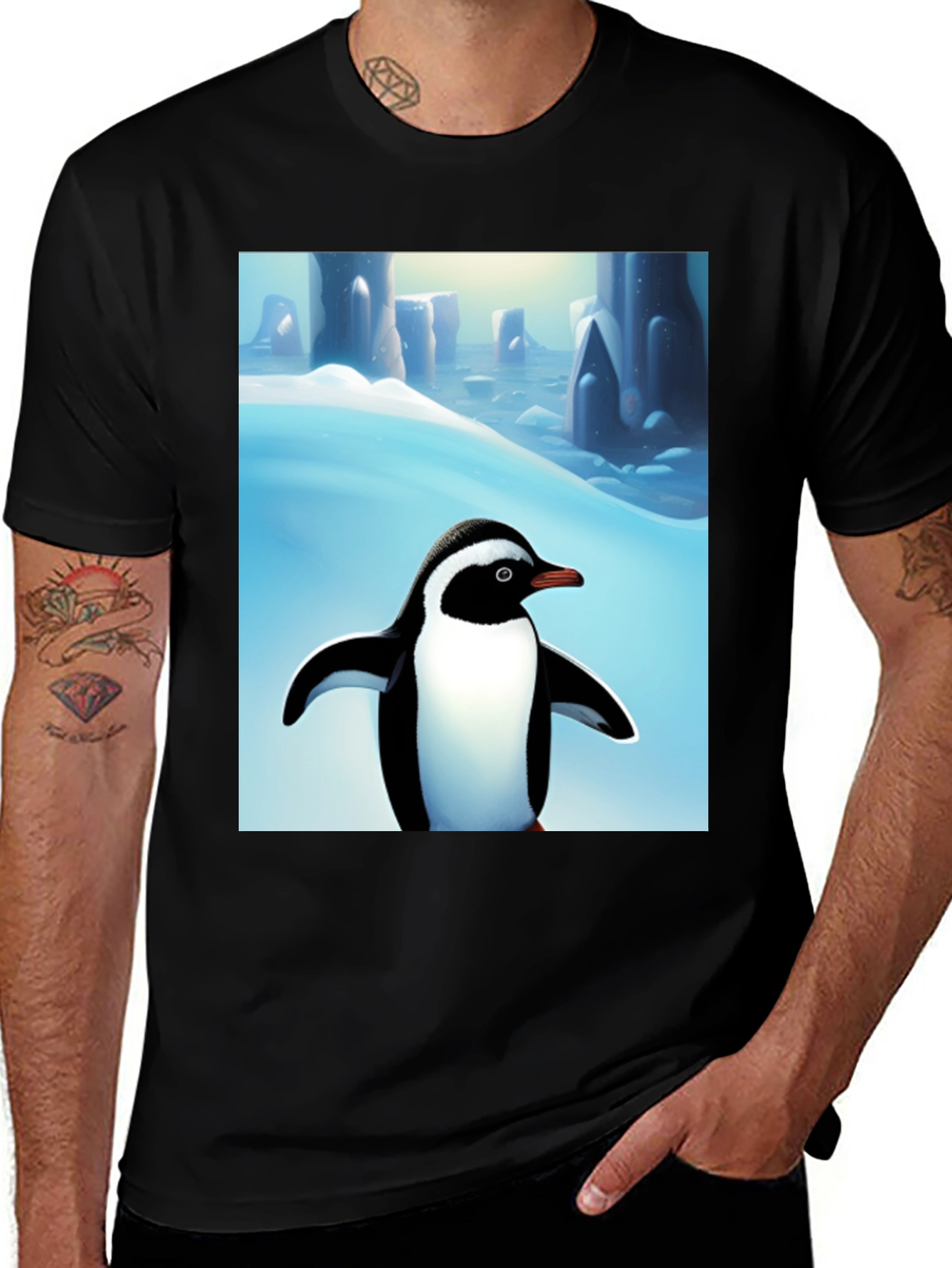 Penguin Arctic Scene Black T-Shirt