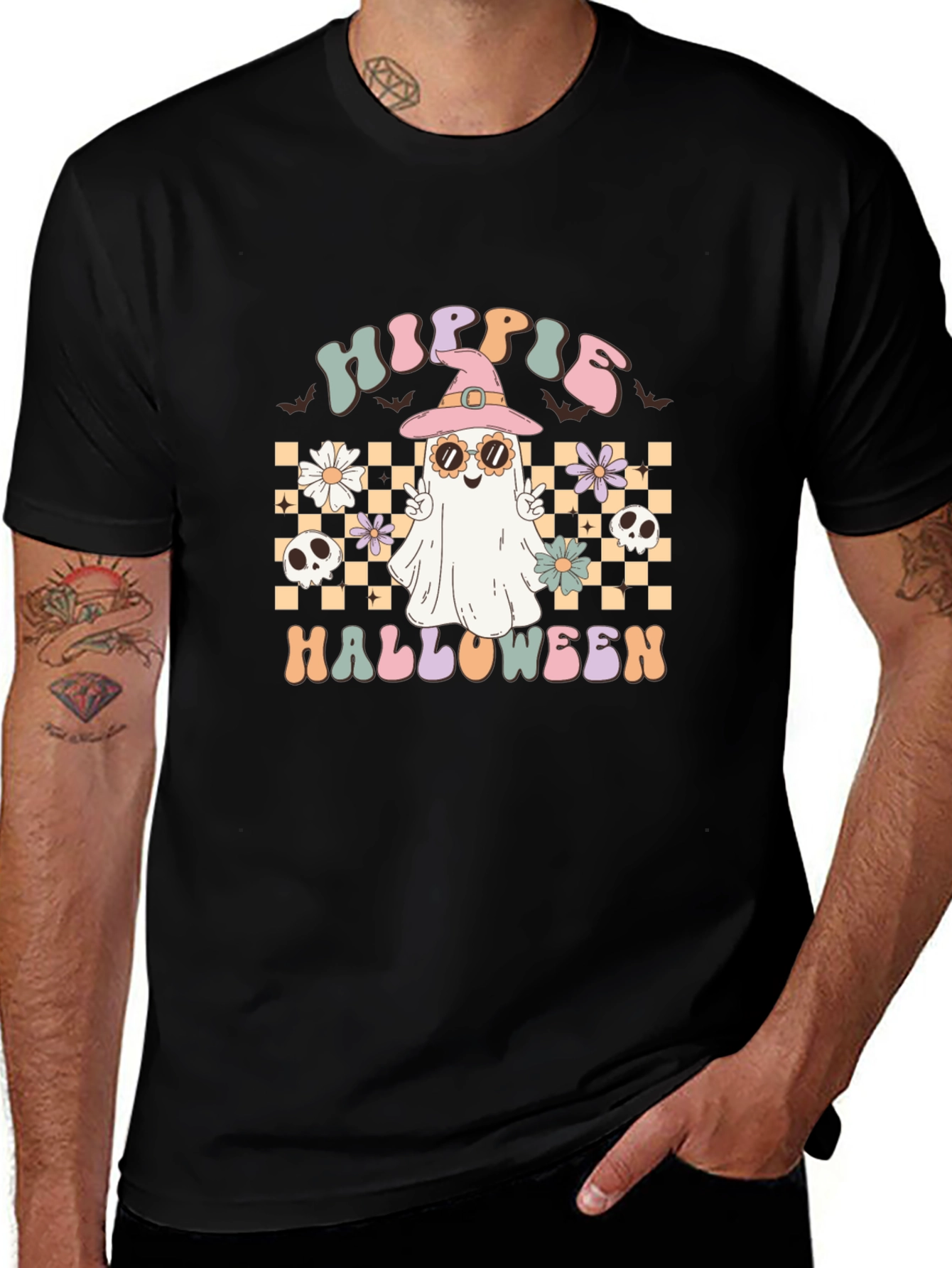Hippie Halloween Graphic Tee - Retro Ghost Witch T-Shirt