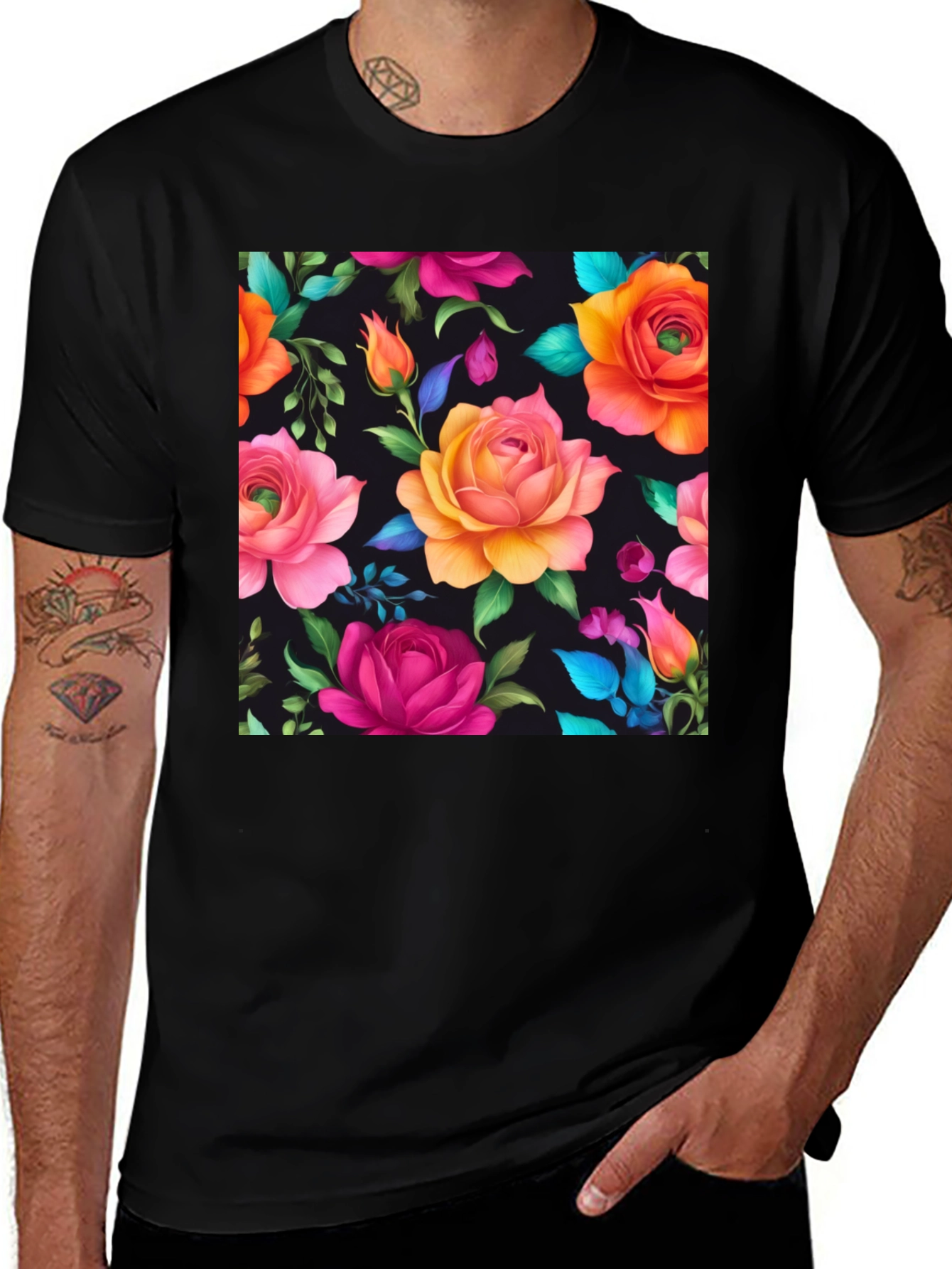 Variant 20 of Floral Print Black T-Shirt - Vibrant Rose Design