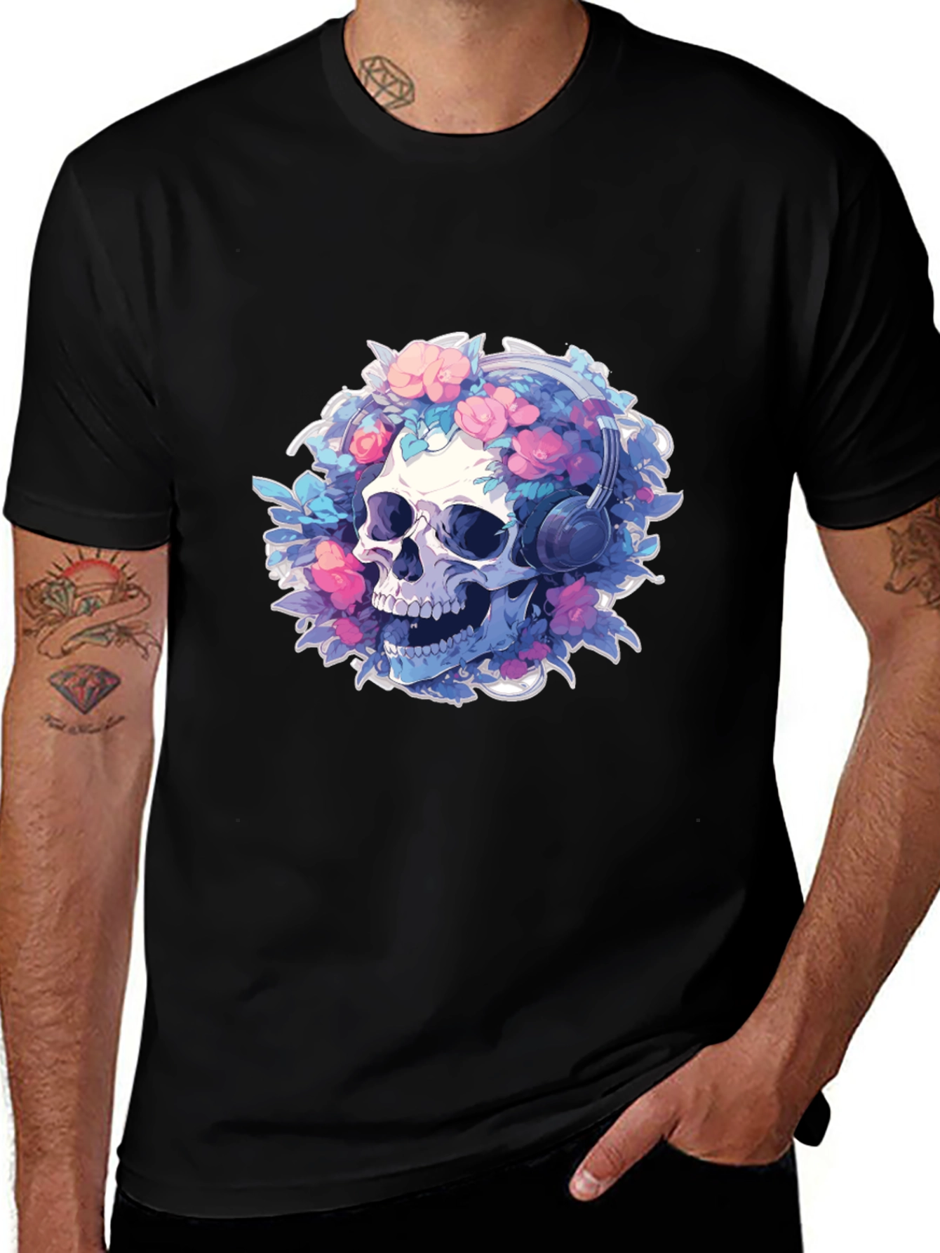 Variant 18 of Floral Skull Headphones Graphic Tee - Unique Design