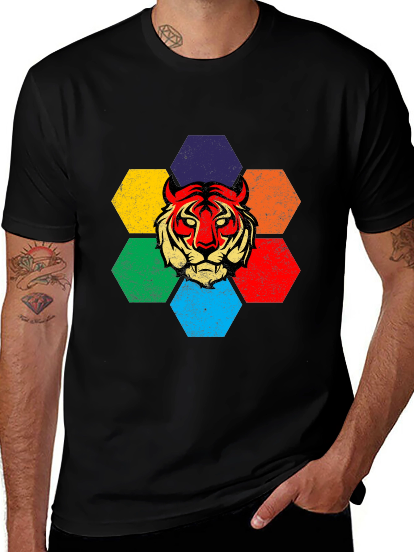 Black Retro Tiger Graphic Tee - Colorful Hexagon Design main image