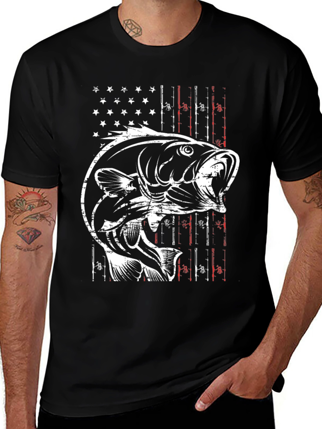 Variant 17 of Fishing T-Shirt - American Flag Bass Graphic Tee