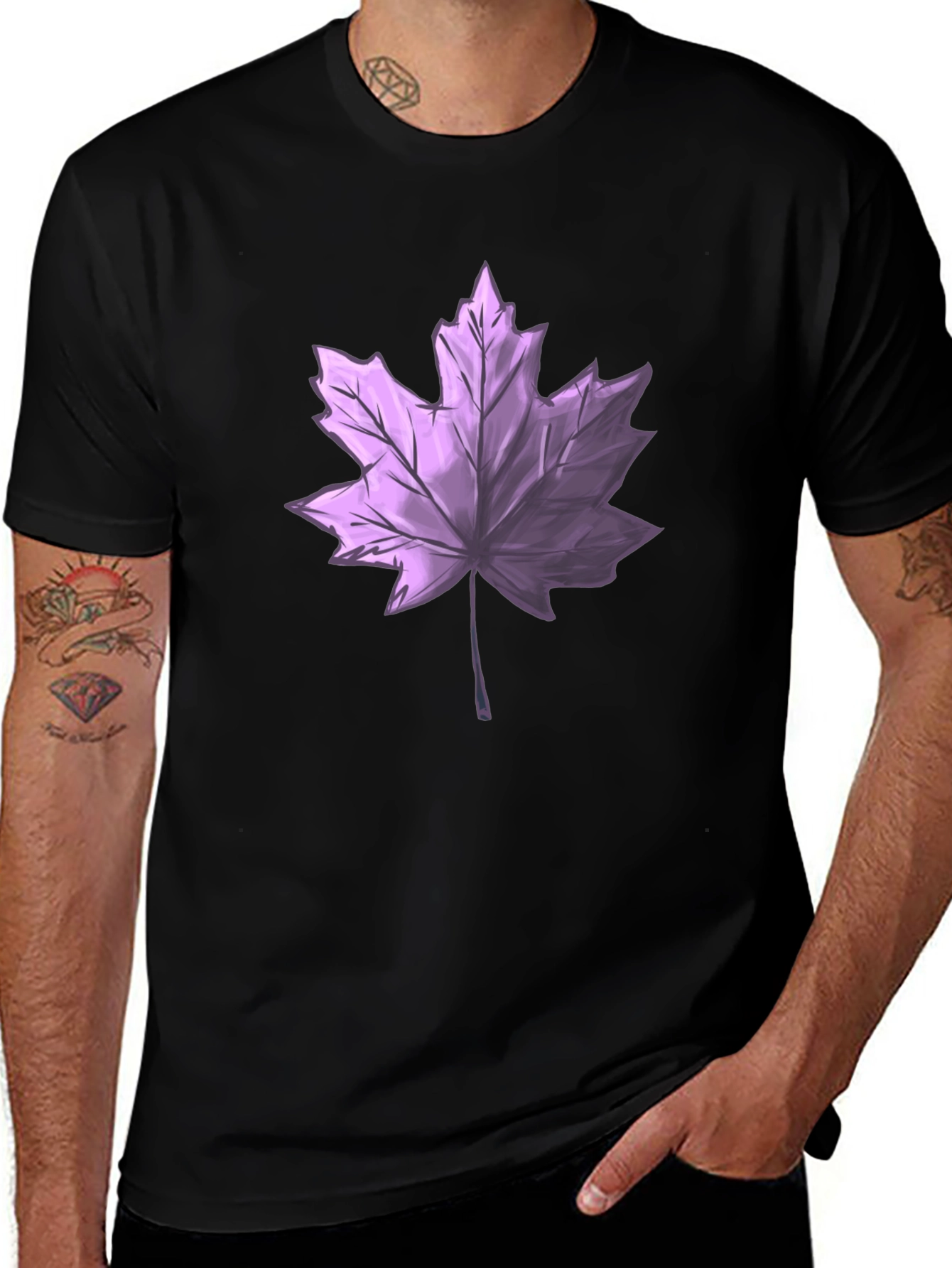 Variant 25 of Black T-Shirt with Lilac Maple Leaf Design
