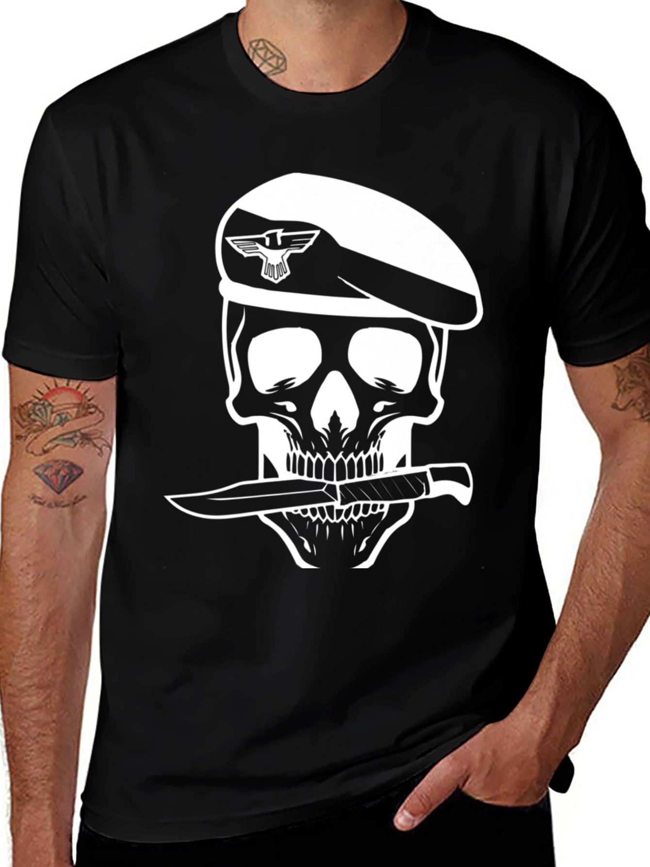 Variant 26 of Skull Beret Knife T-Shirt - Edgy Graphic Tee