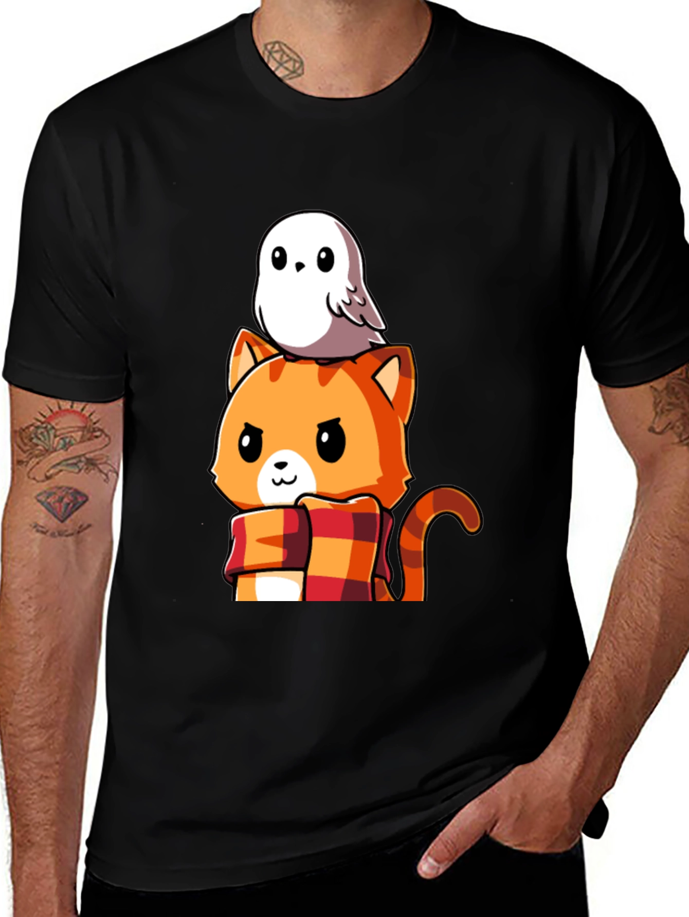 Variant 3 of Cat & Owl Cartoon Graphic Tee