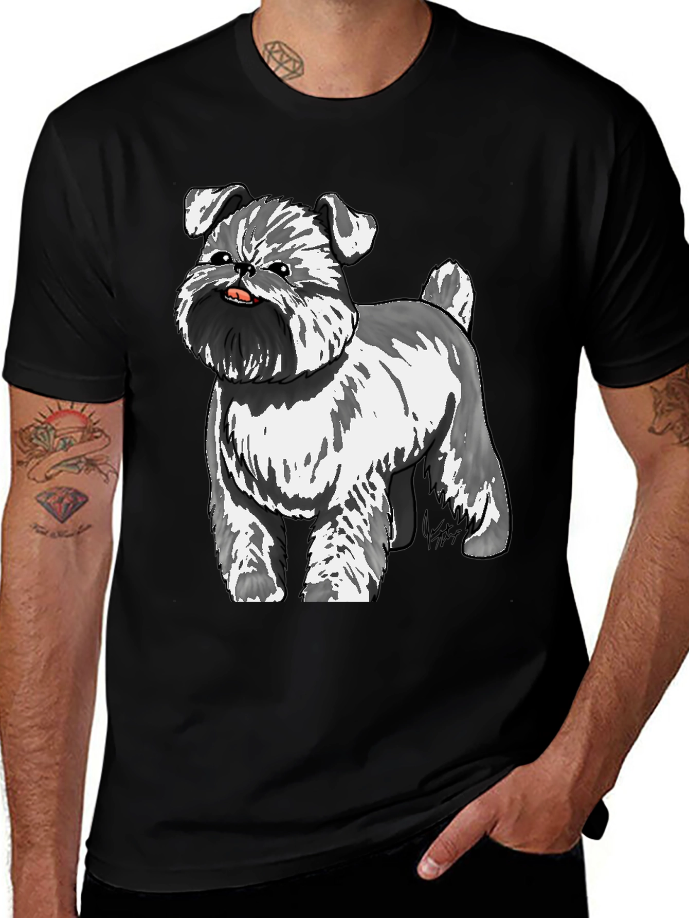 Cartoon Schnauzer Dog Graphic Black T-Shirt