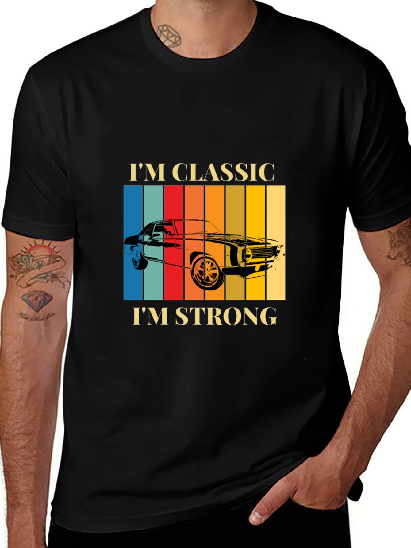 Variant 15 of Classic Car T-Shirt - Retro Stripes & Bold Statement