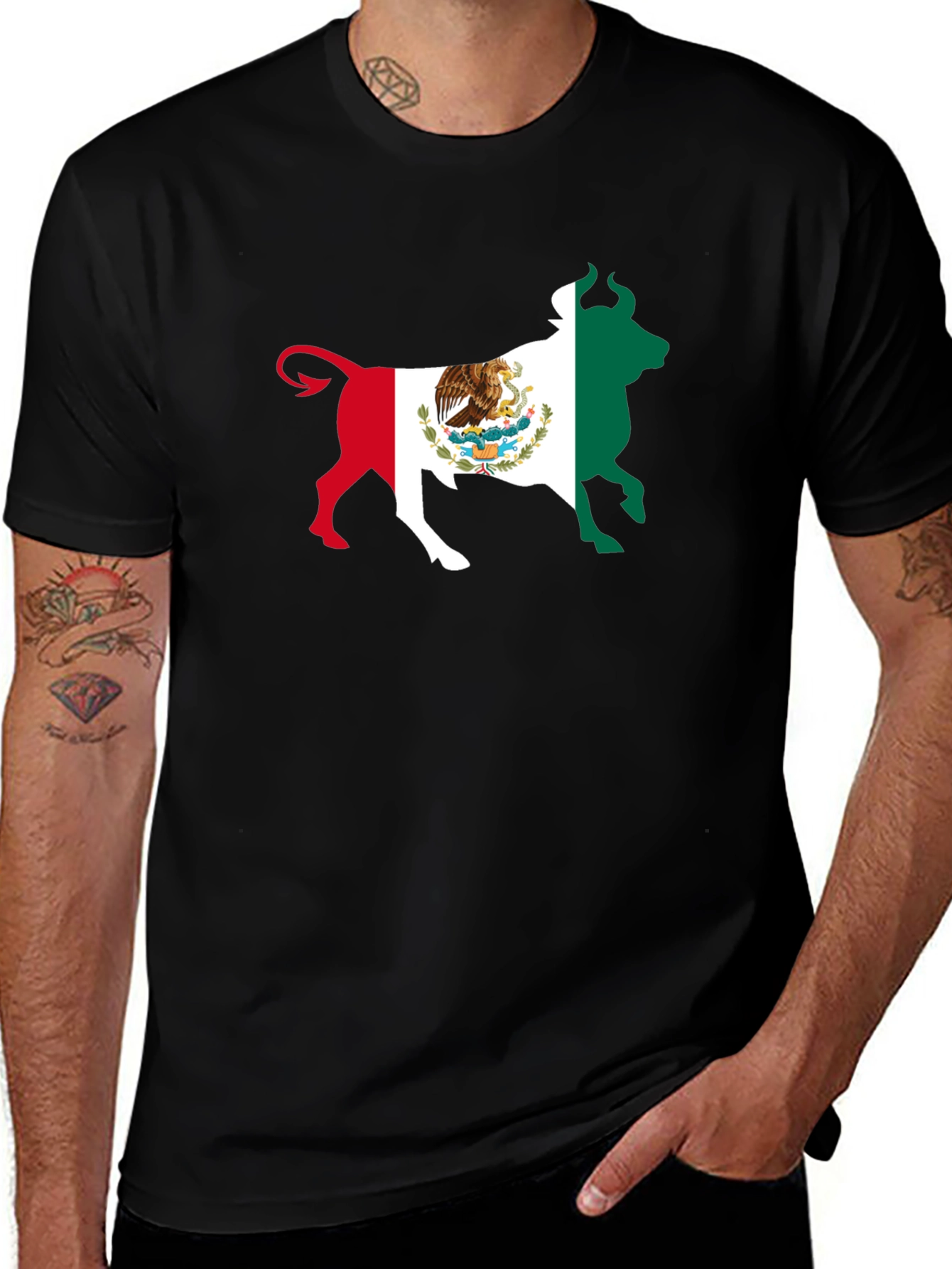 Variant 30 of Mexican Flag Bull Graphic Tee - Black Cotton Shirt