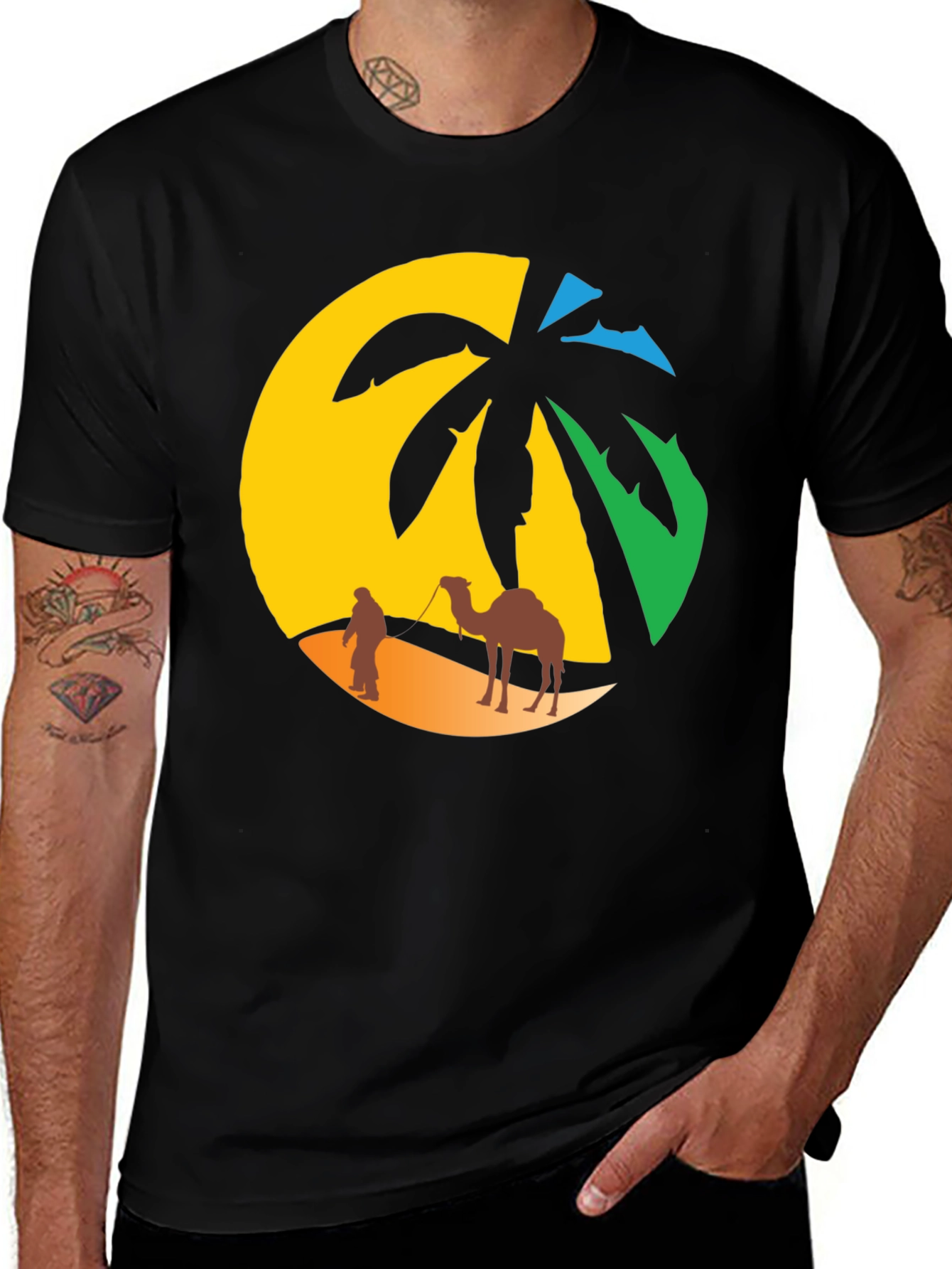 Variant 13 of Desert Oasis T-Shirt: Camel & Palm Tree Design