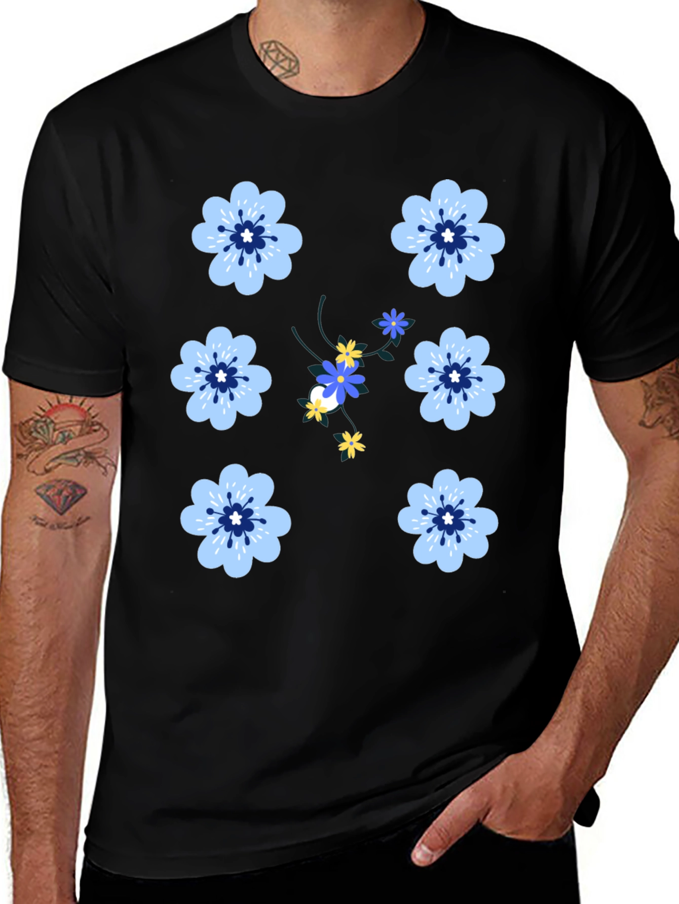 Variant 7 of Floral Print Black T-Shirt for Men