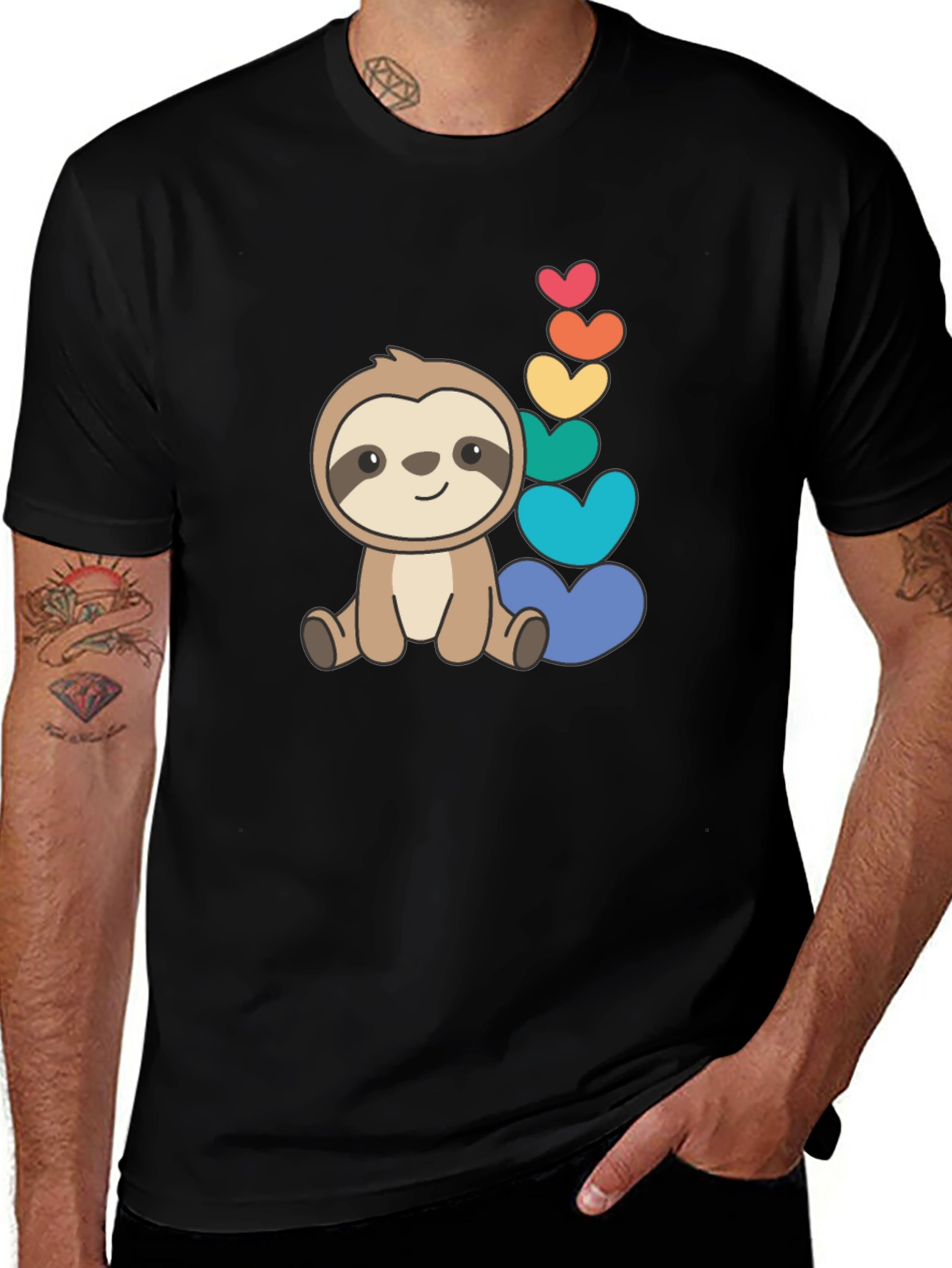 Variant 27 of Cute Sloth & Rainbow Hearts Black T-Shirt