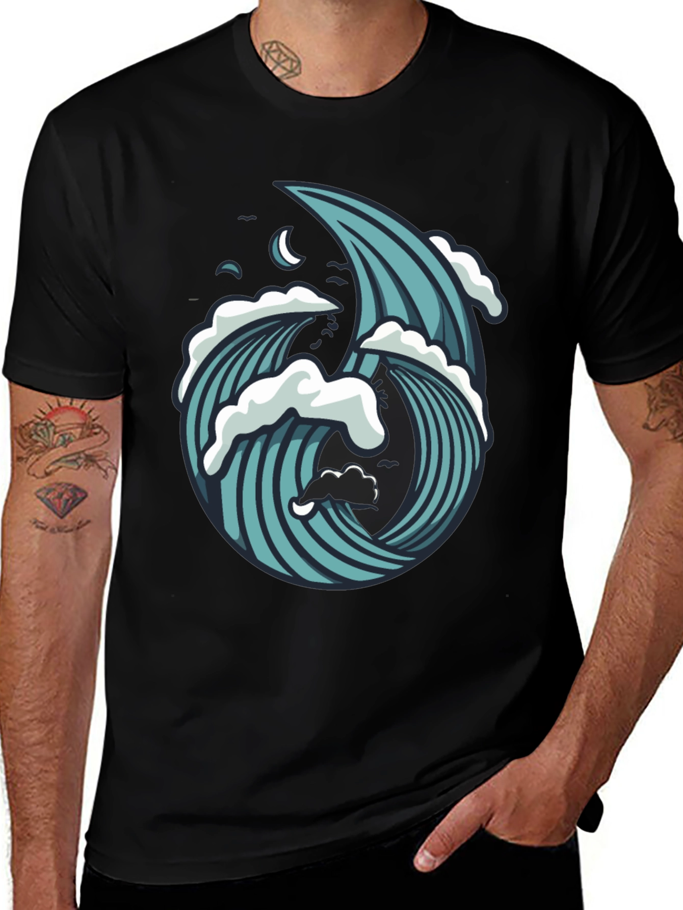 Variant 13 of Ocean Wave Graphic Print Black T-Shirt