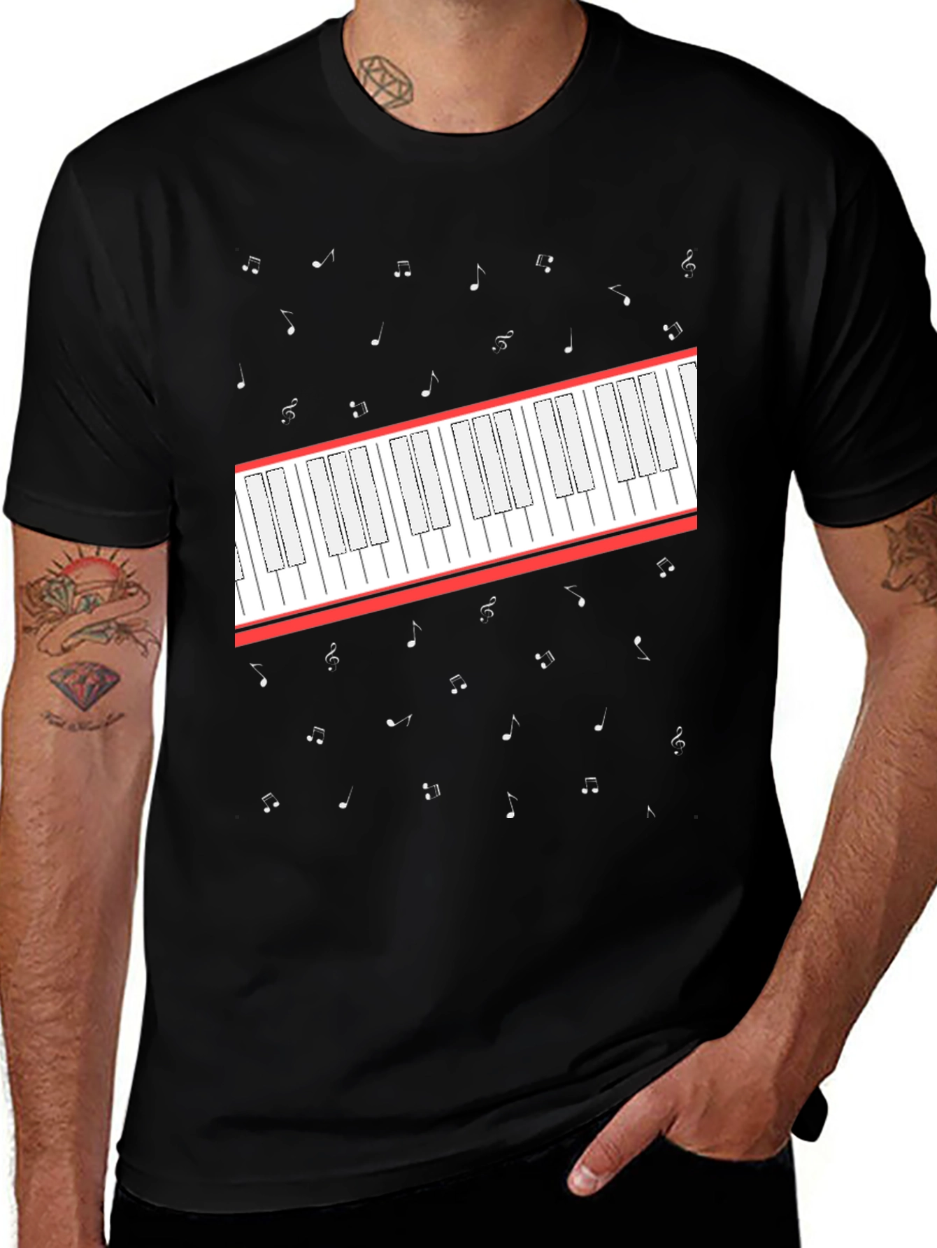 Variant 11 of Piano Keys and Music Notes Graphic Tee - Black