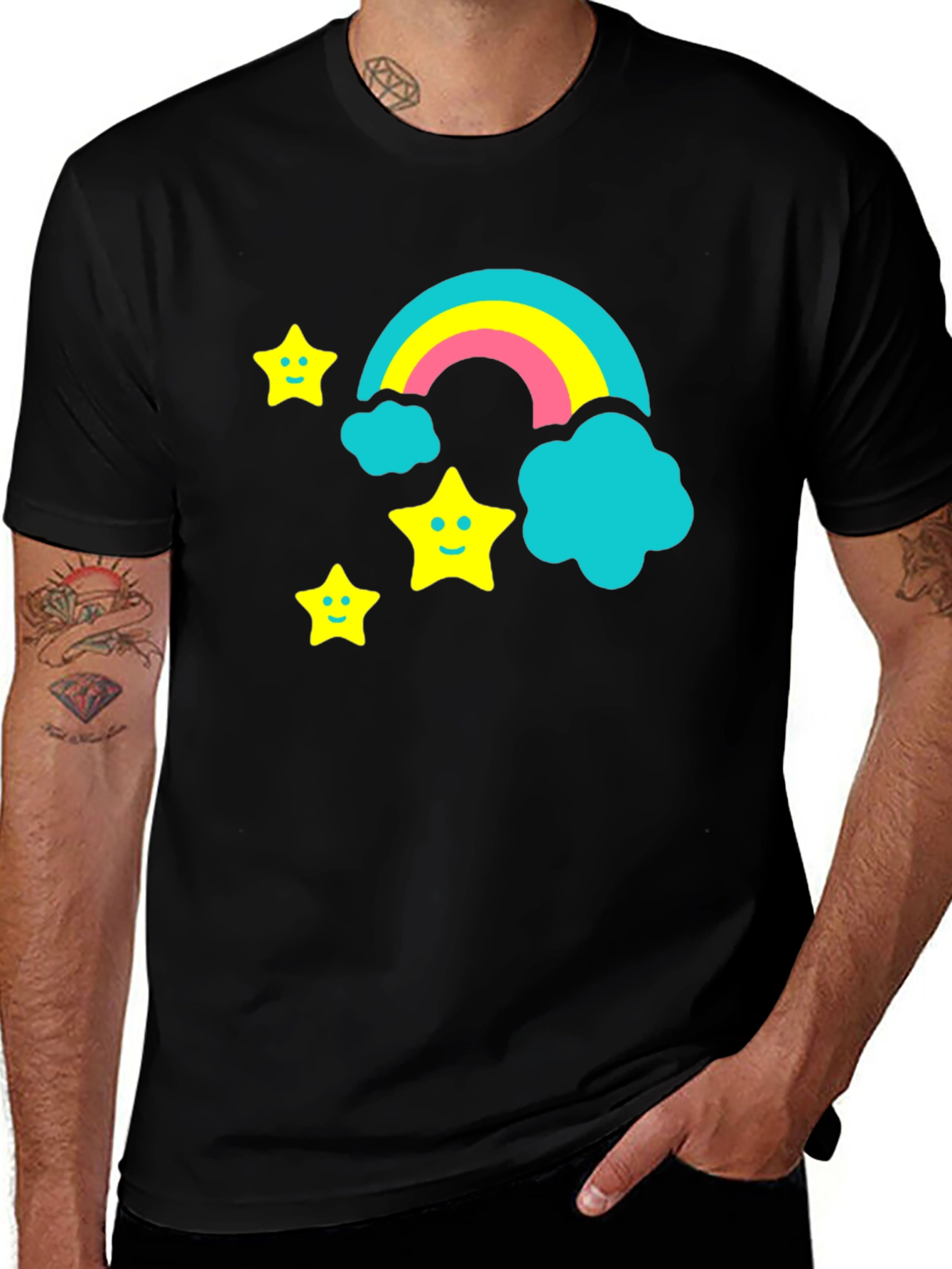 Rainbow & Stars Graphic Tee - Fun Black T-Shirt