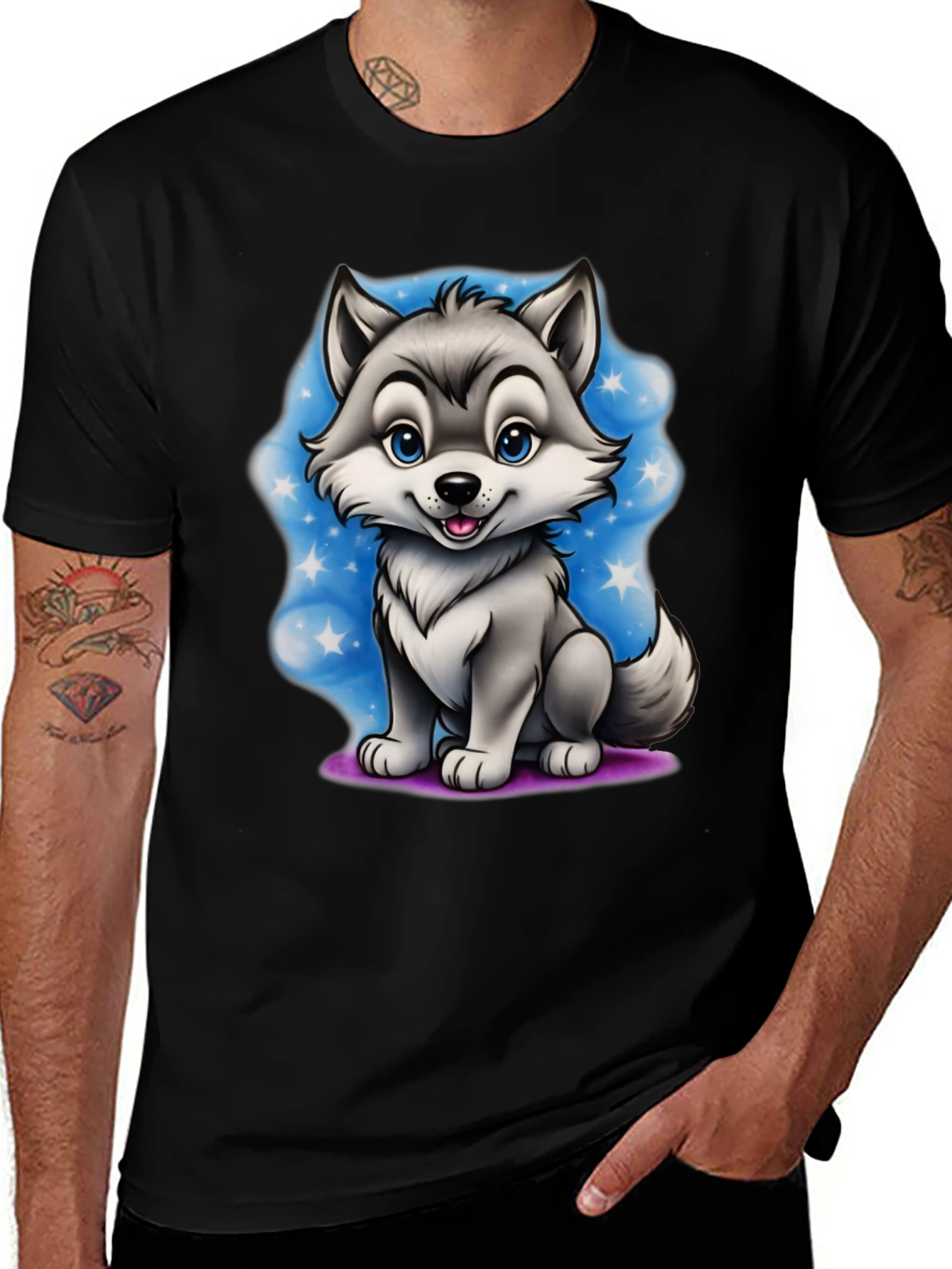 Variant 2 of Cartoon Wolf Graphic Tee - Black