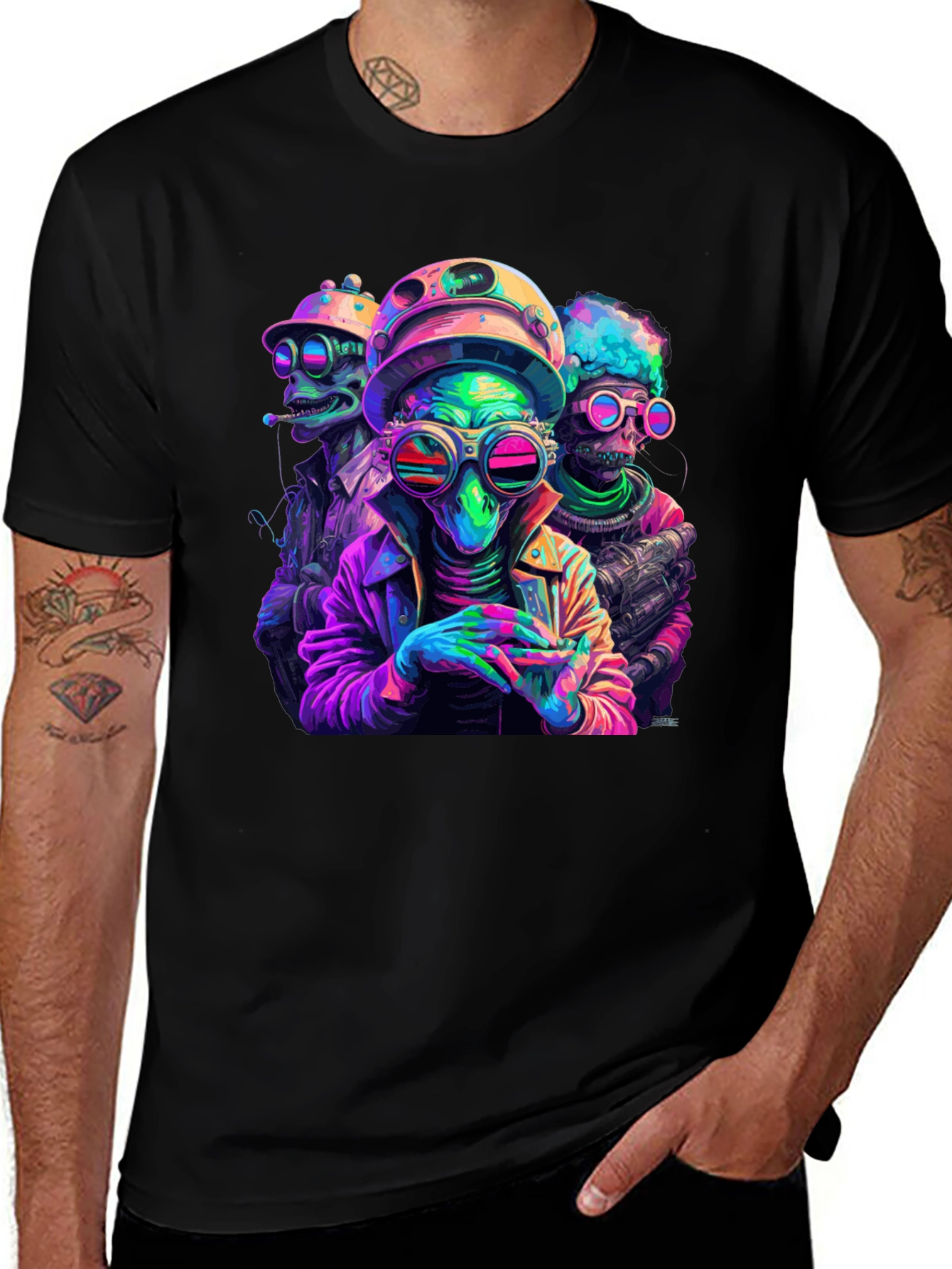 Variant 10 of Neon Alien Crew T-Shirt - Black Cotton Blend