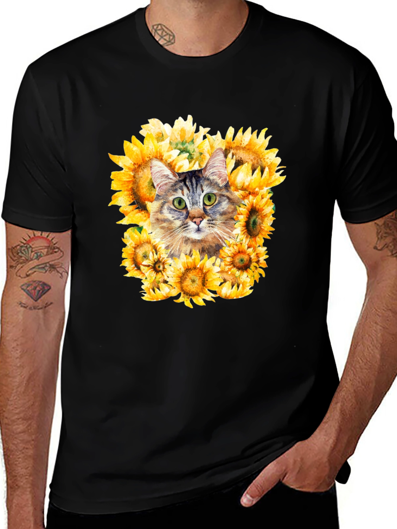 Black Cat Sunflower Graphic Tee - Men's Black T-Shirt main image