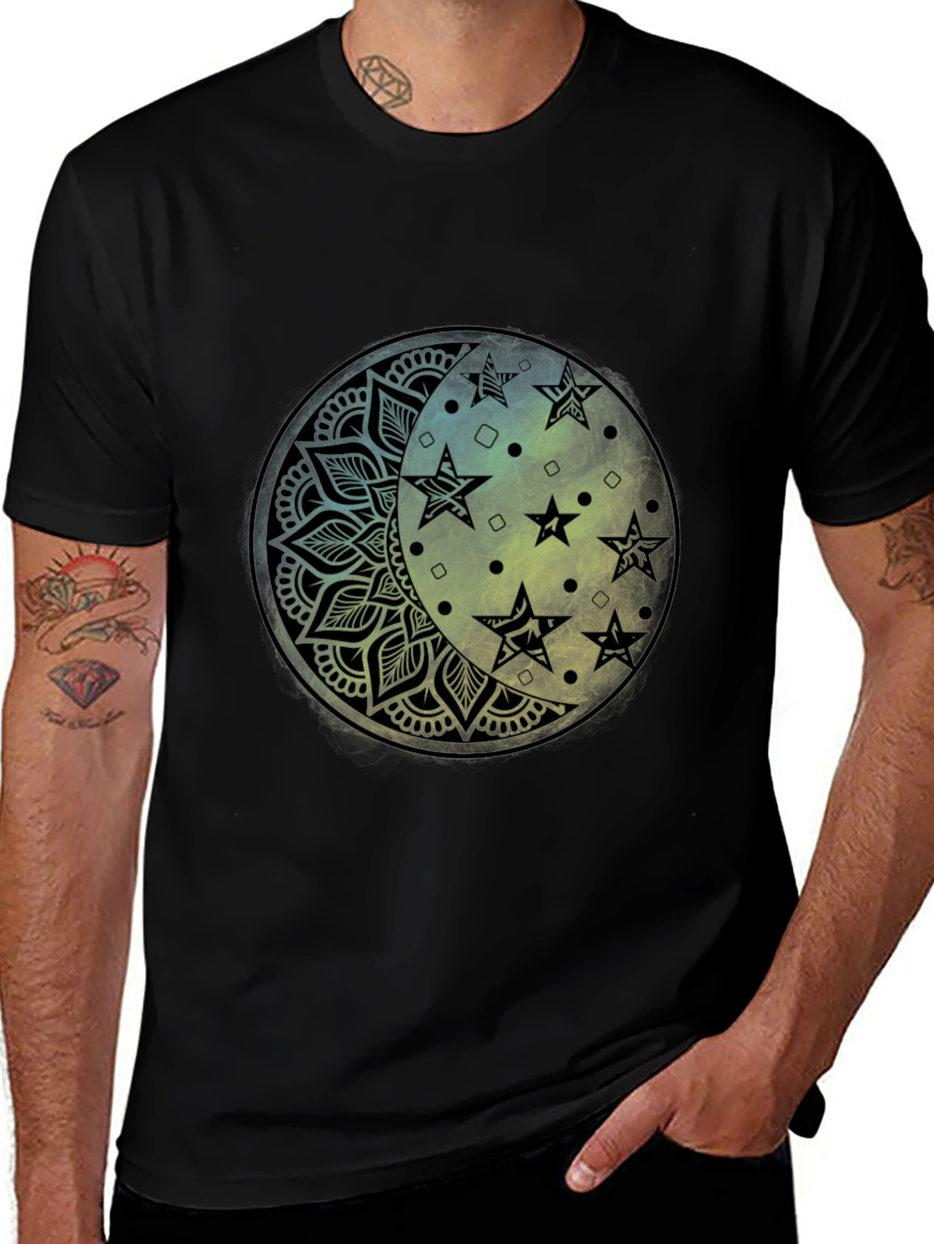 Variant 27 of Celestial Moon Star Mandala Black Graphic Tee