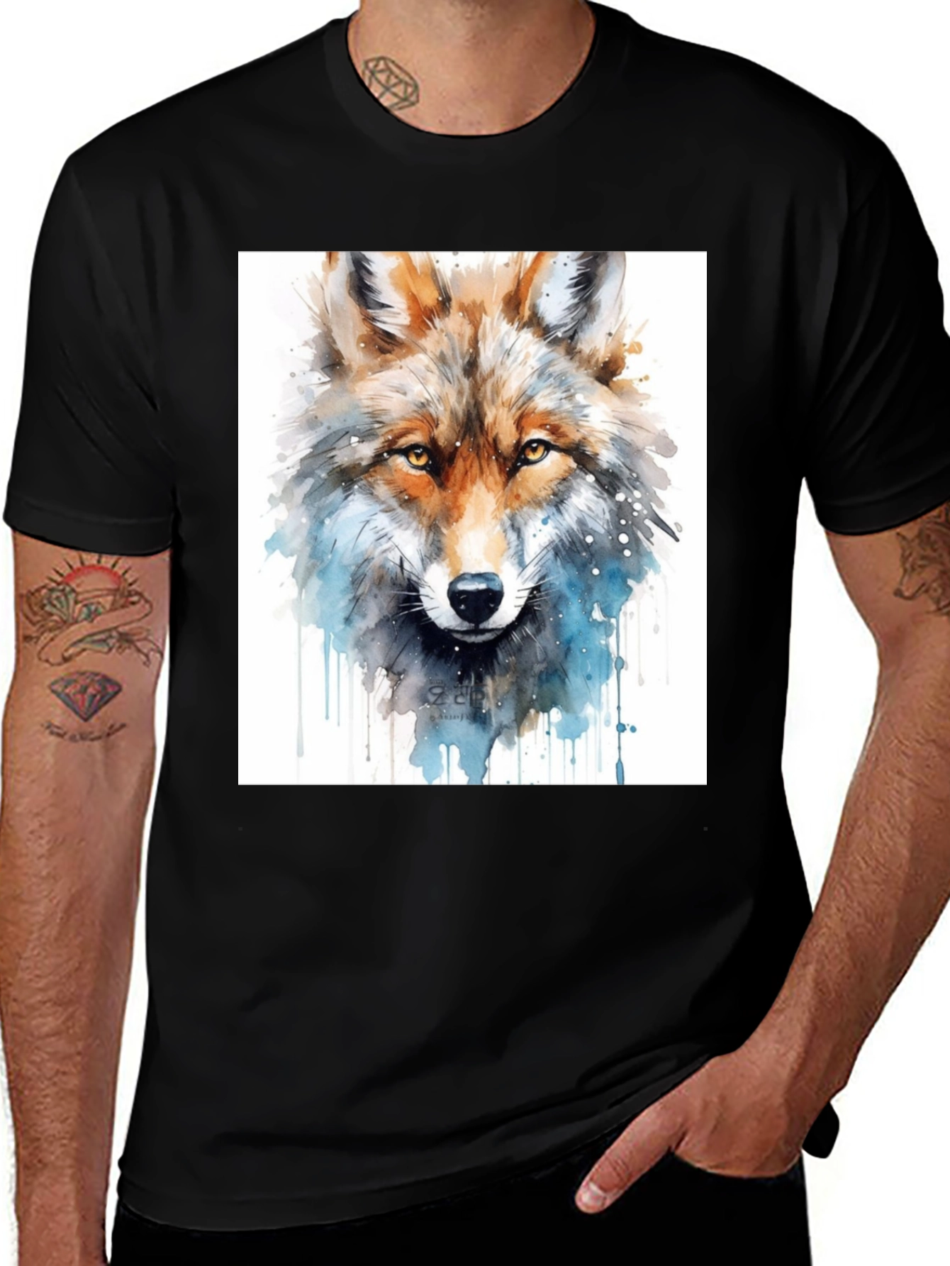 Variant 14 of Watercolor Wolf Graphic Black T-Shirt