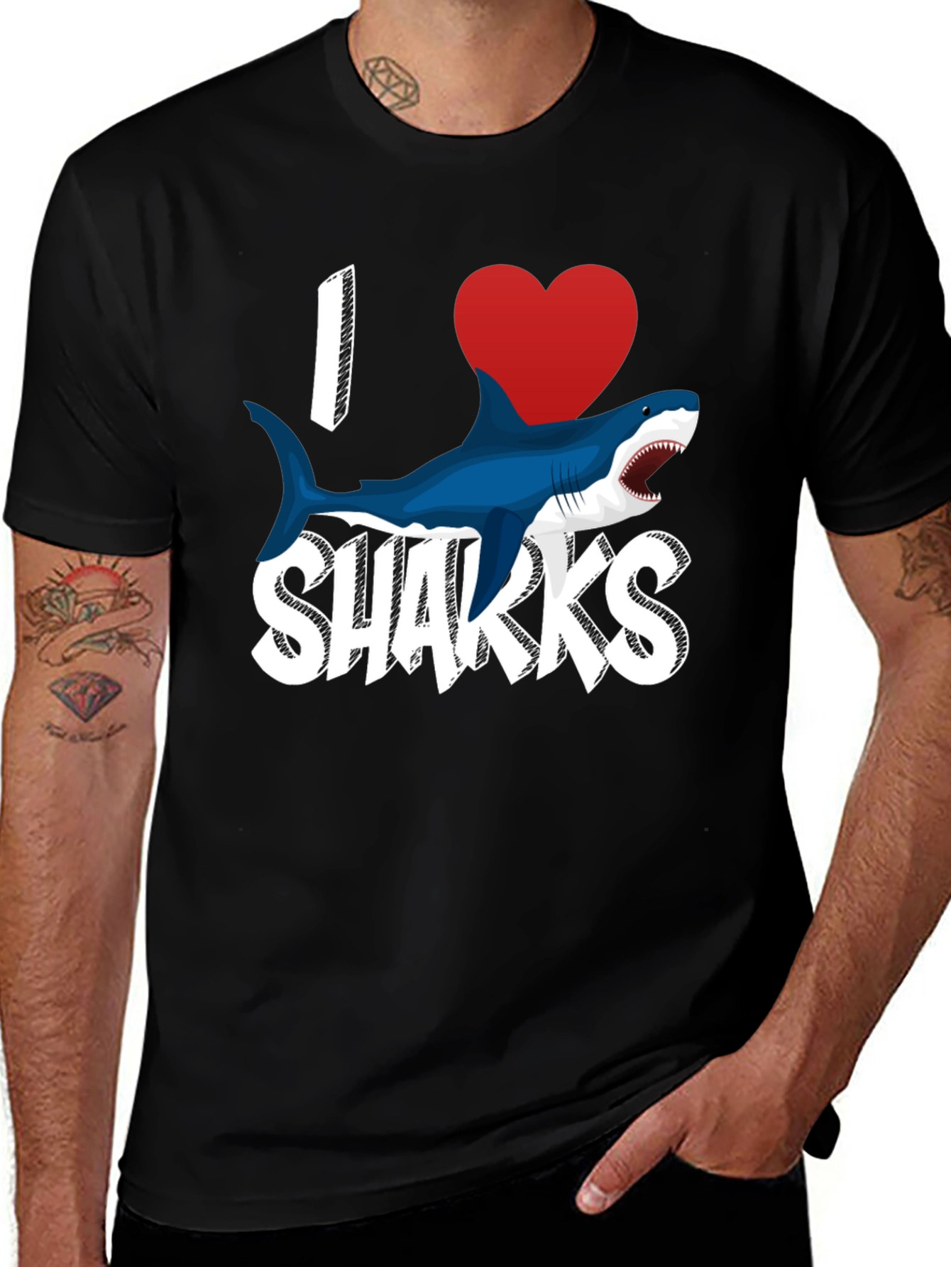 Variant 21 of I Love Sharks T-Shirt - Black Cotton Blend