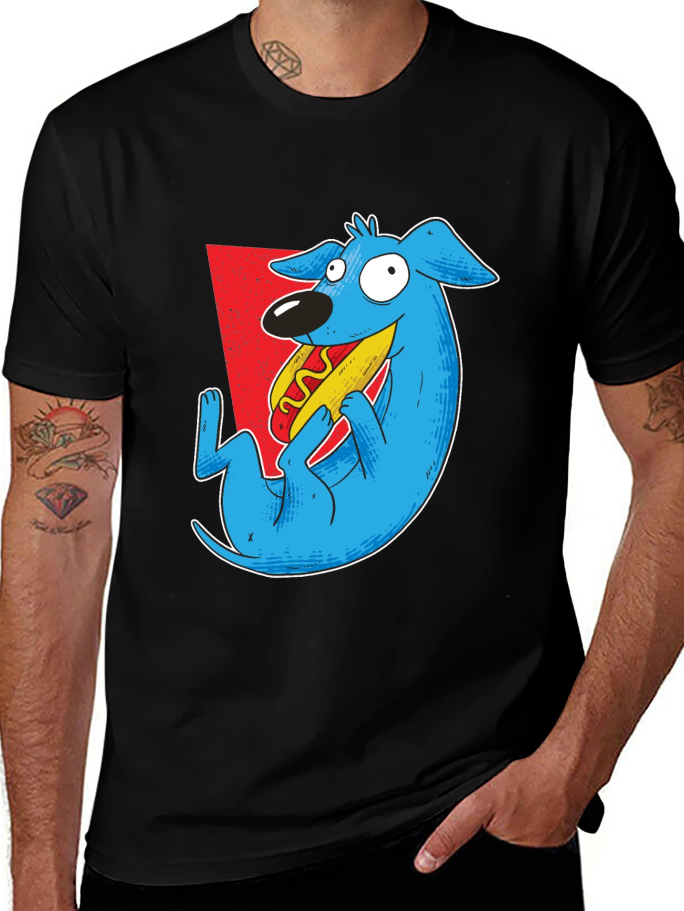Variant 29 of Cartoon Dog Eating Hotdog Graphic Tee - Black