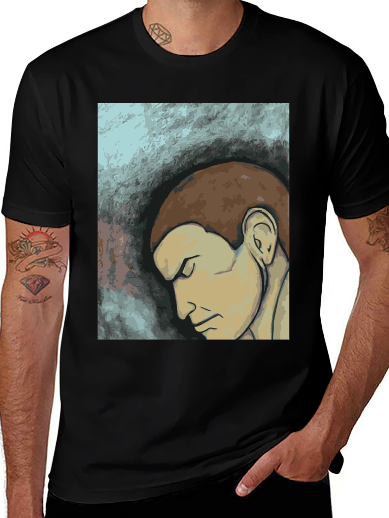Variant 5 of Contemplative Man Graphic Tee - Black Cotton