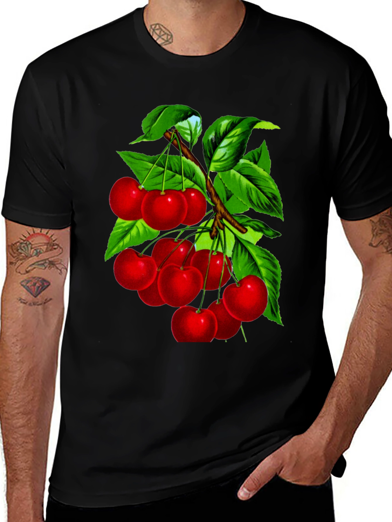 Cherry Print Black Crew Neck T-Shirt