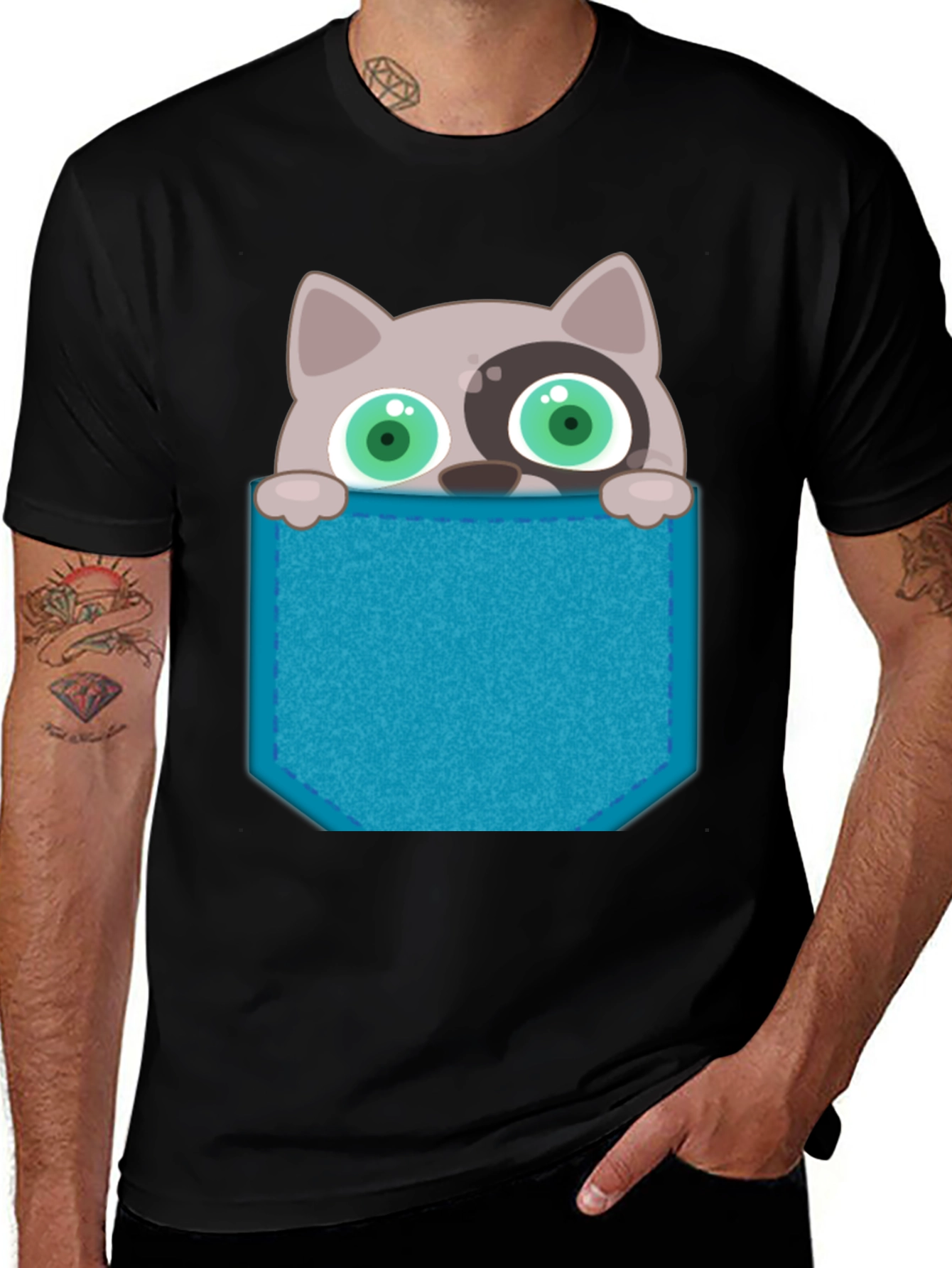 Variant 30 of Cartoon Cat Pocket T-Shirt - Novelty Graphic Tee