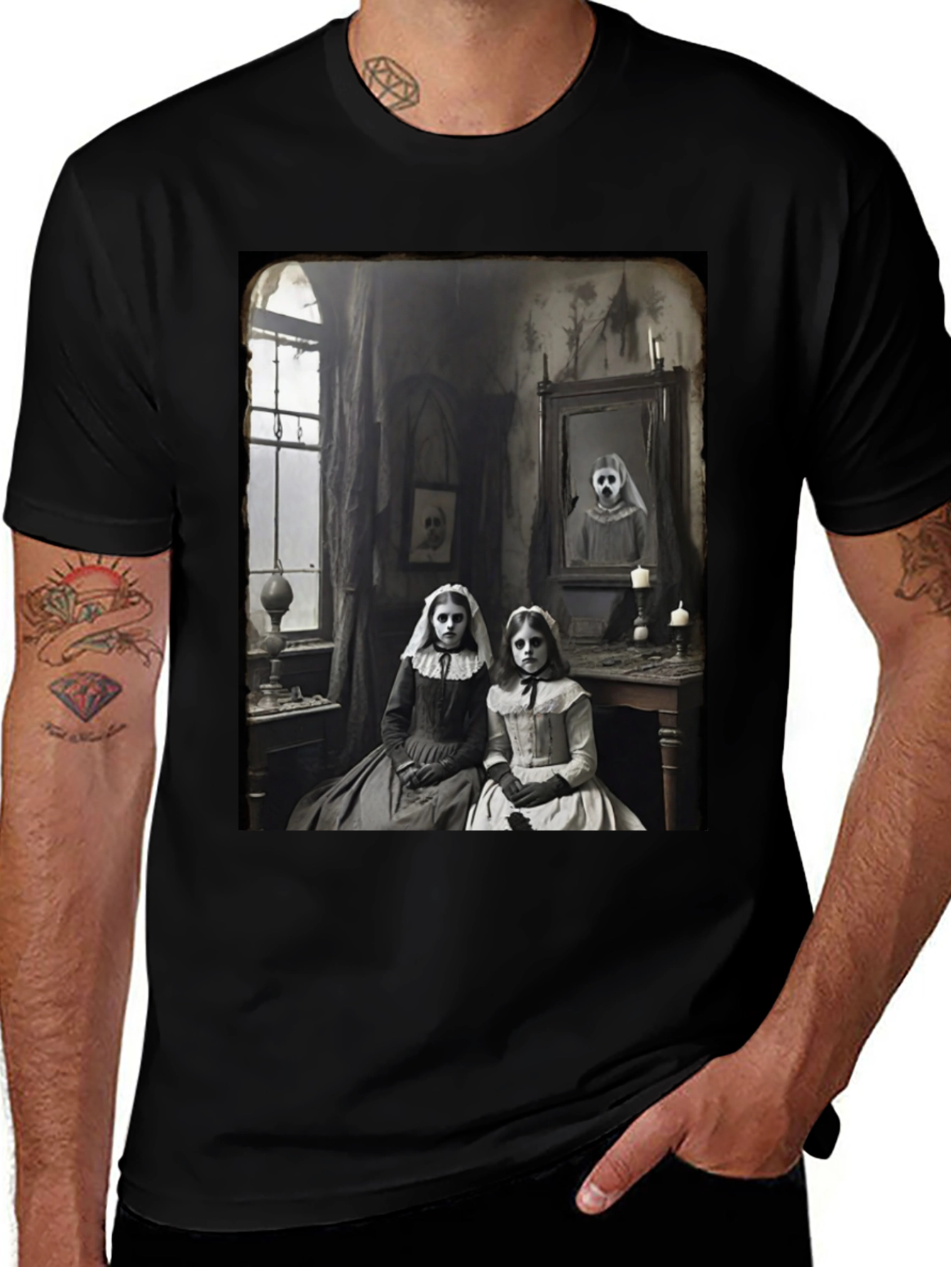 Creepy Sisters Graphic Tee - Vintage Horror Style