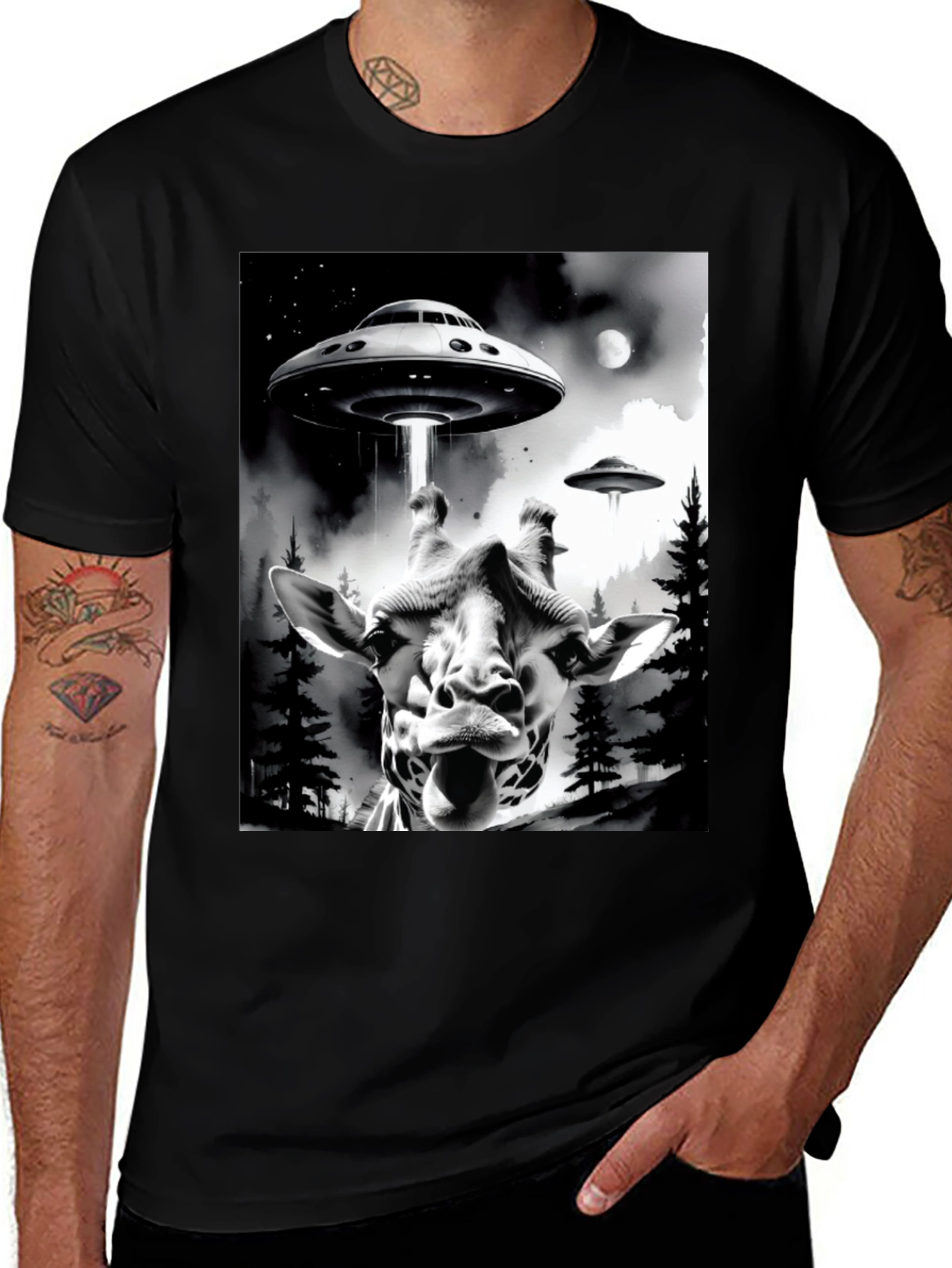 Variant 6 of UFO Abduction Giraffe Graphic Tee - Black Cotton T-Shirt