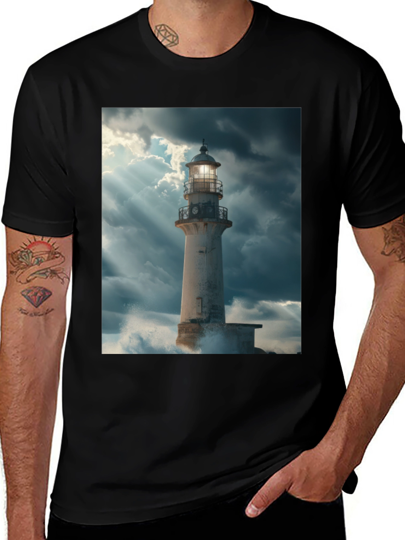 Variant 5 of Lighthouse Graphic T-Shirt - Stormy Seas Design