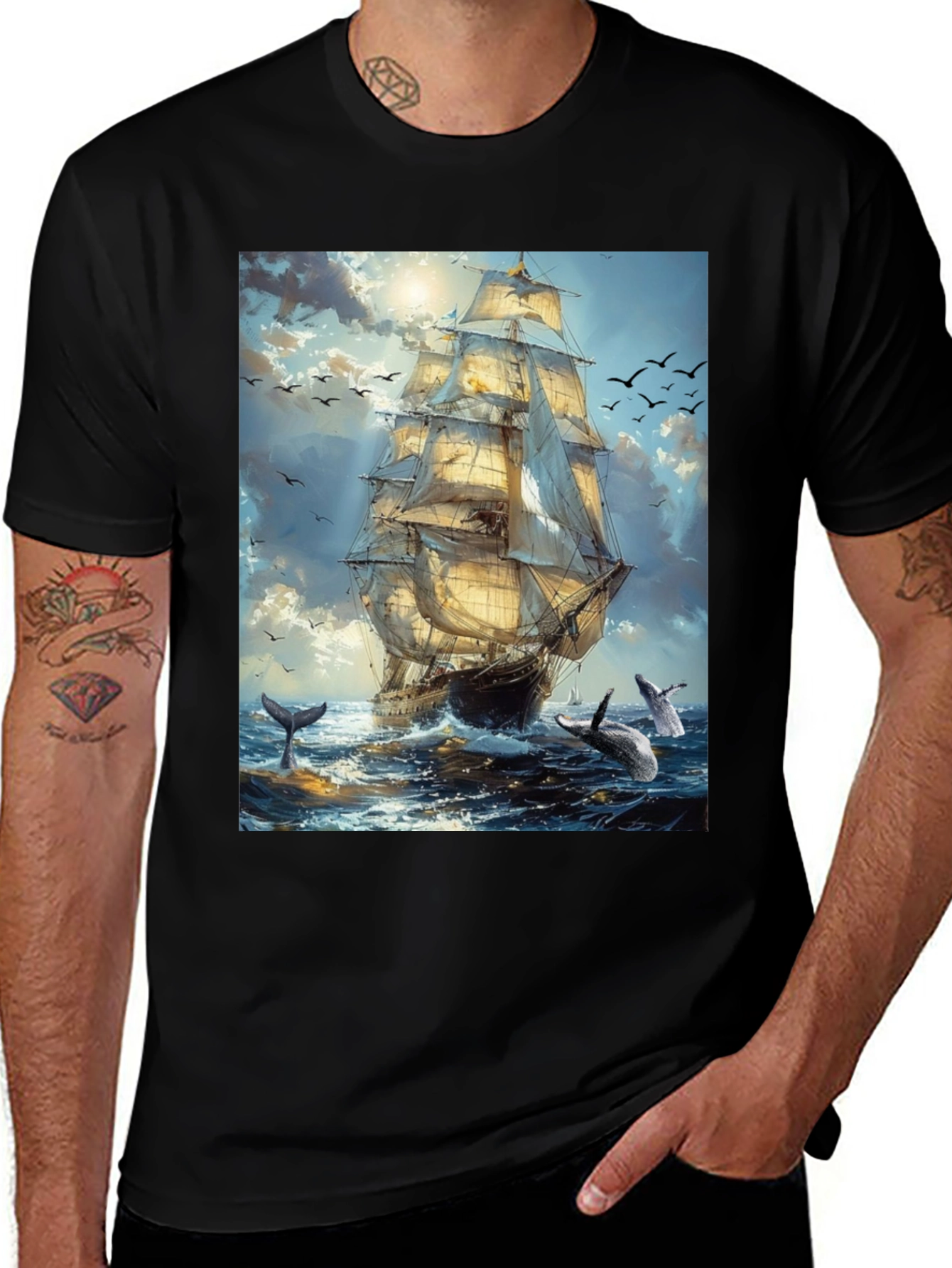 Sailboat & Whale Graphic Tee - Black Cotton T-Shirt