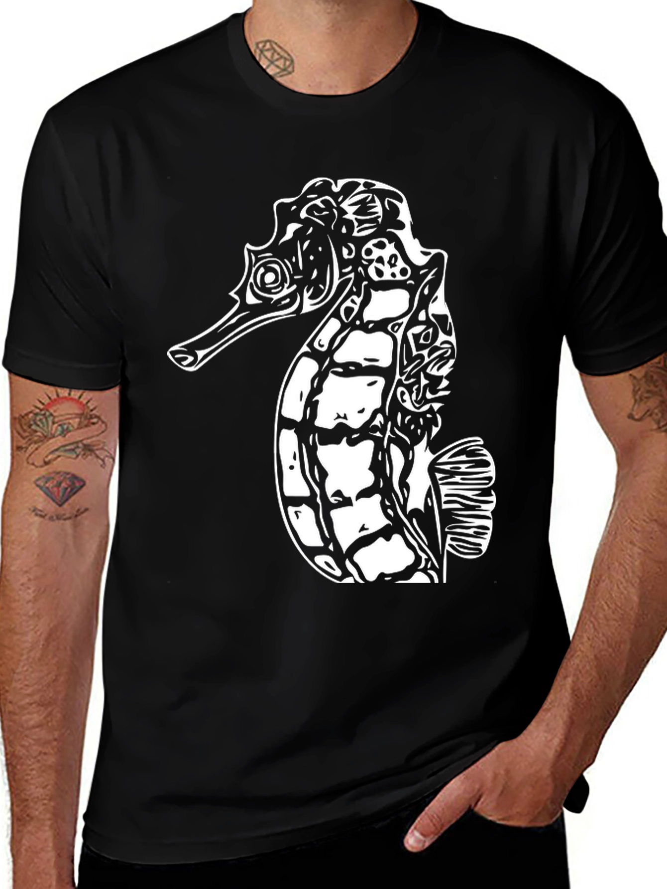 Variant 19 of Sea Horse Graphic Tee - Black Cotton T-Shirt